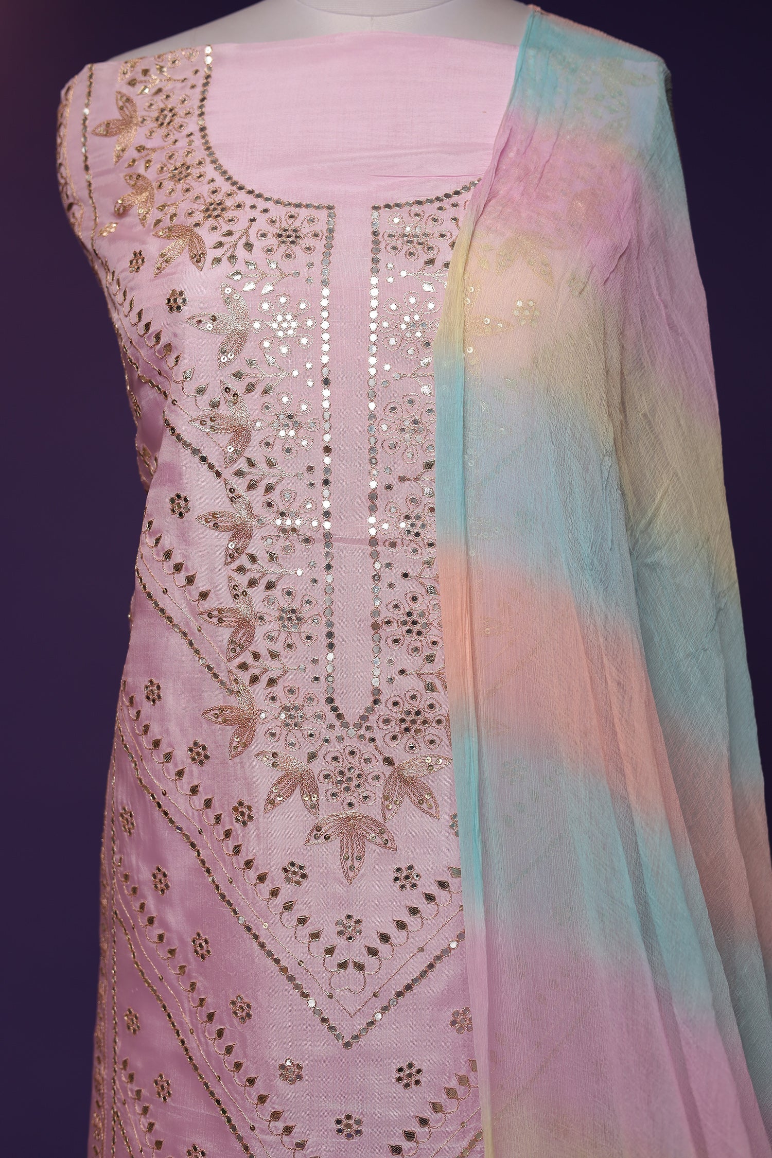 Silk Unstitched Suit with Aari and Gota Patti work