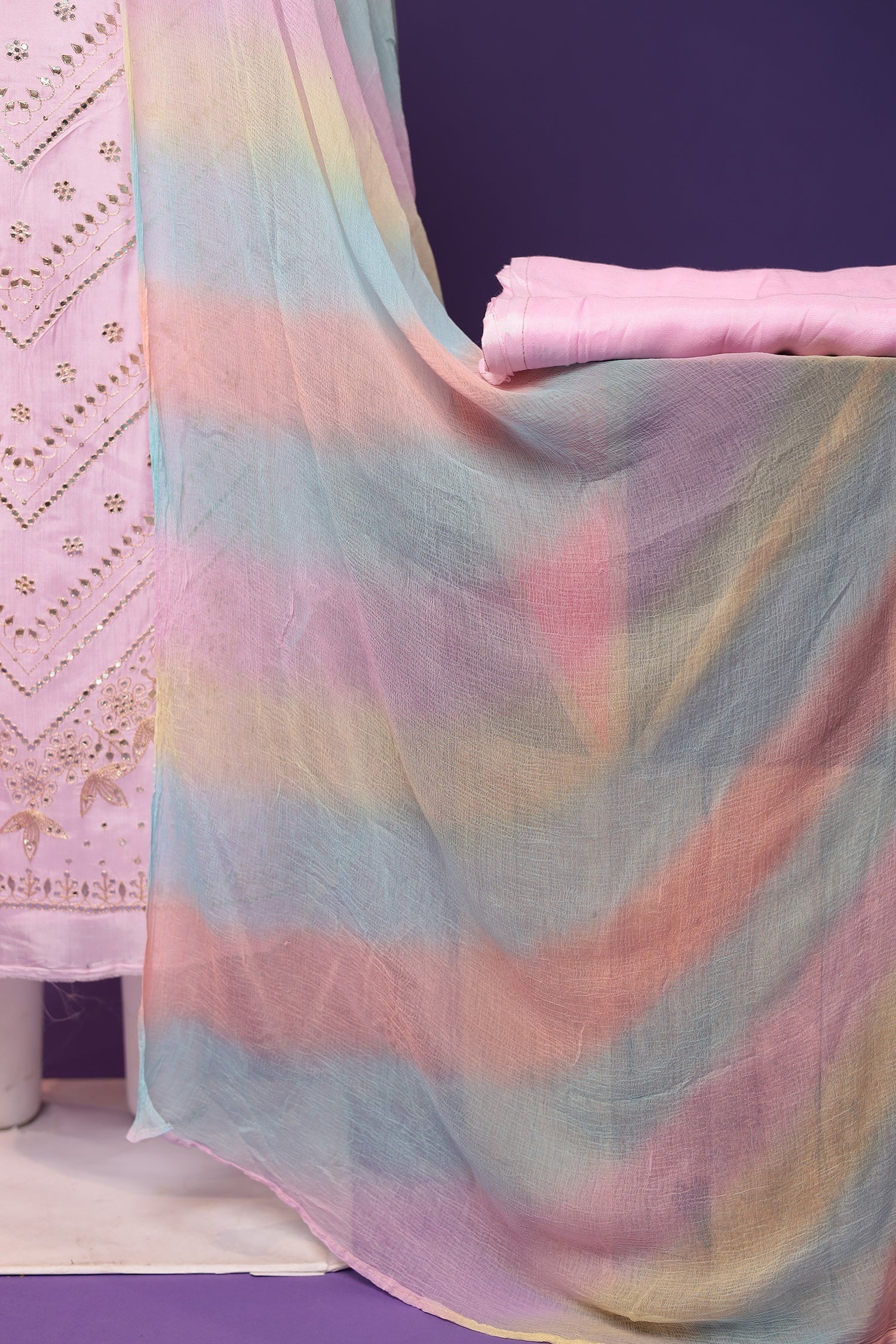 Silk Unstitched Suit with Aari and Gota Patti work