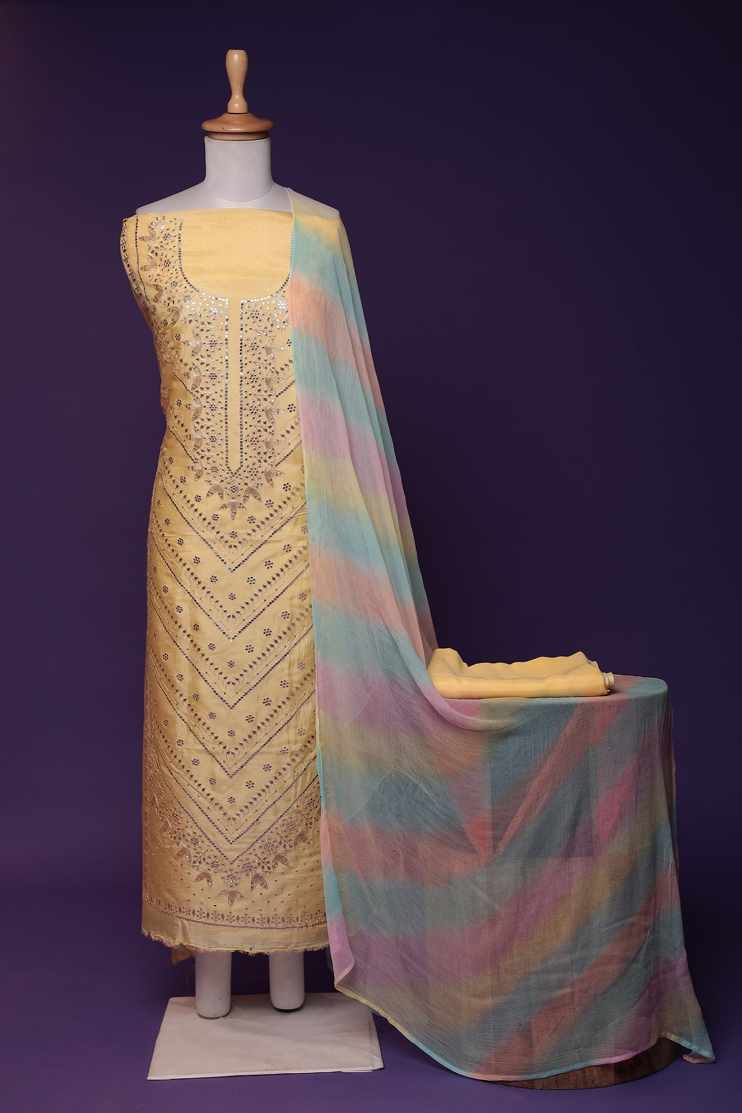 Silk Unstitched Suit with Aari and Gota Patti work