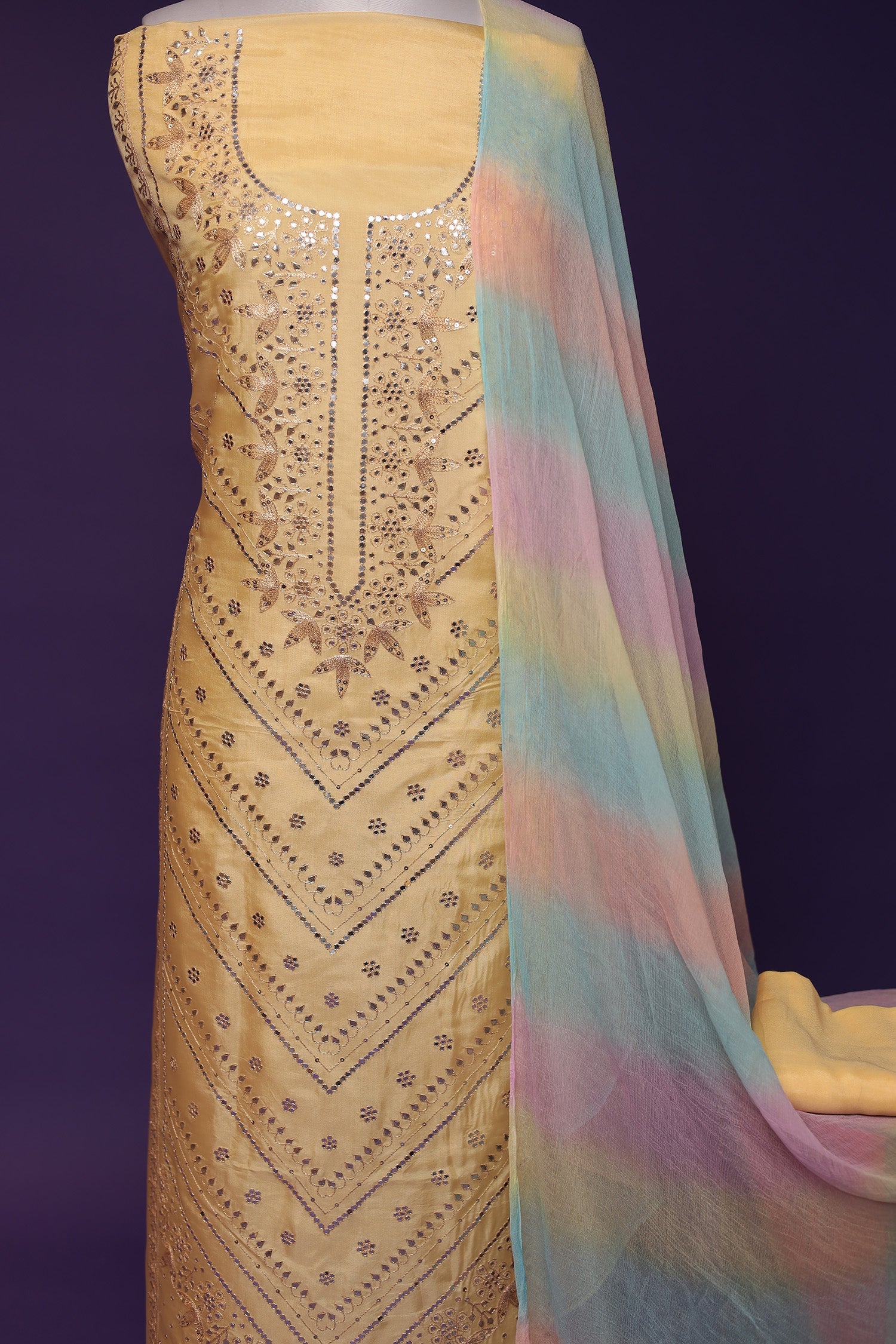 Silk Unstitched Suit with Aari and Gota Patti work