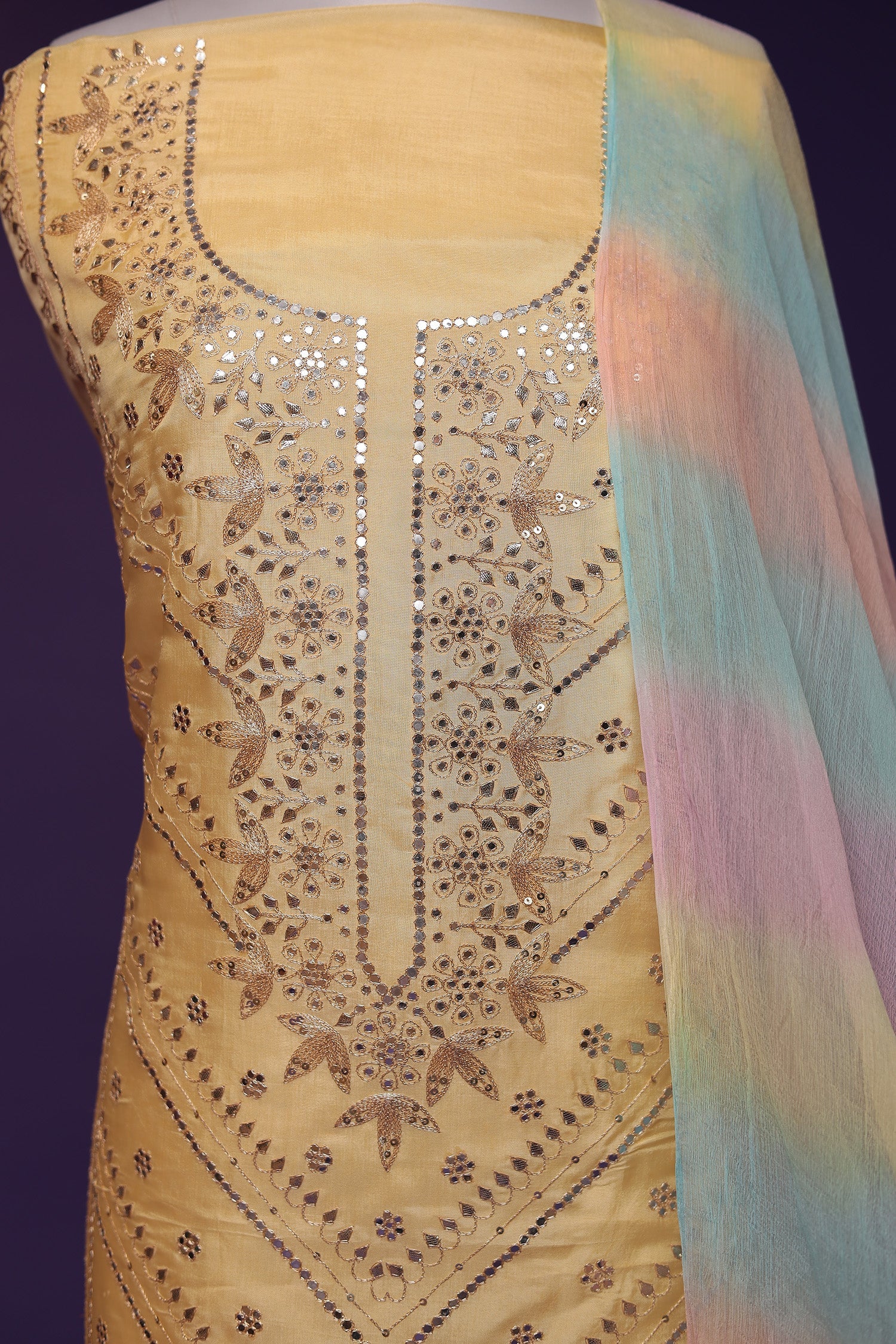 Silk Unstitched Suit with Aari and Gota Patti work