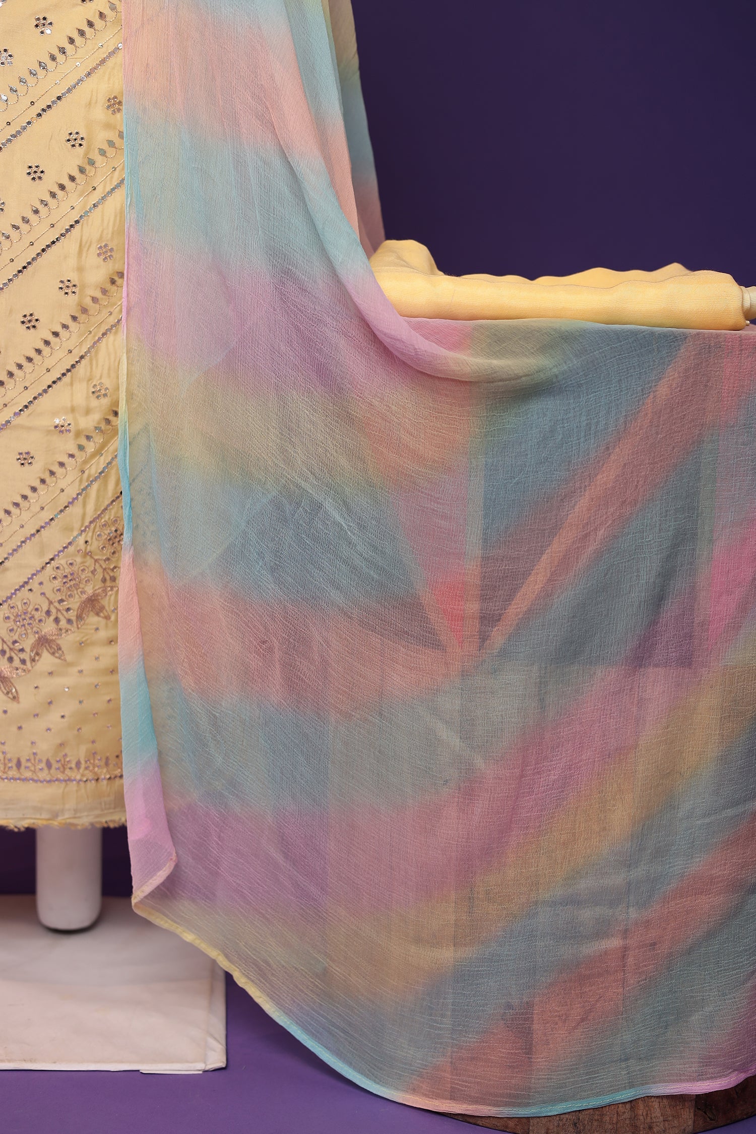 Silk Unstitched Suit with Aari and Gota Patti work