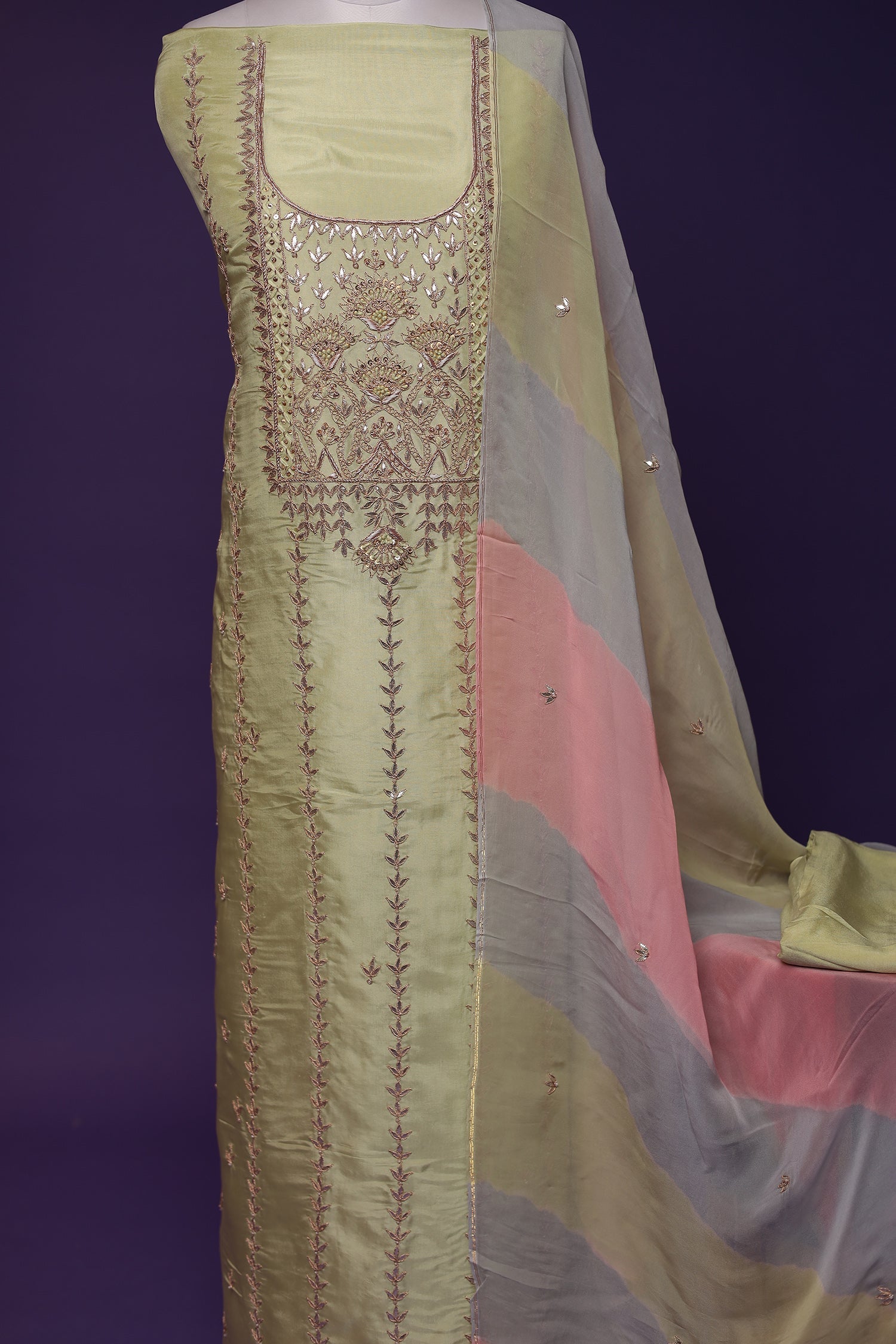 Silk Unstitched Suit with Gota Patti, Pearl and Thread work
