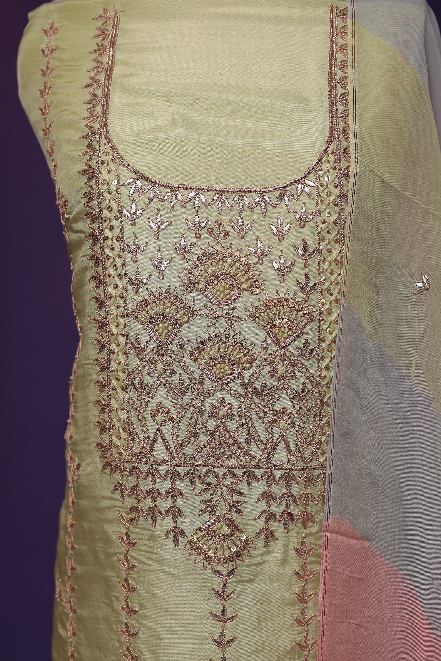 Silk Unstitched Suit with Gota Patti, Pearl and Thread work