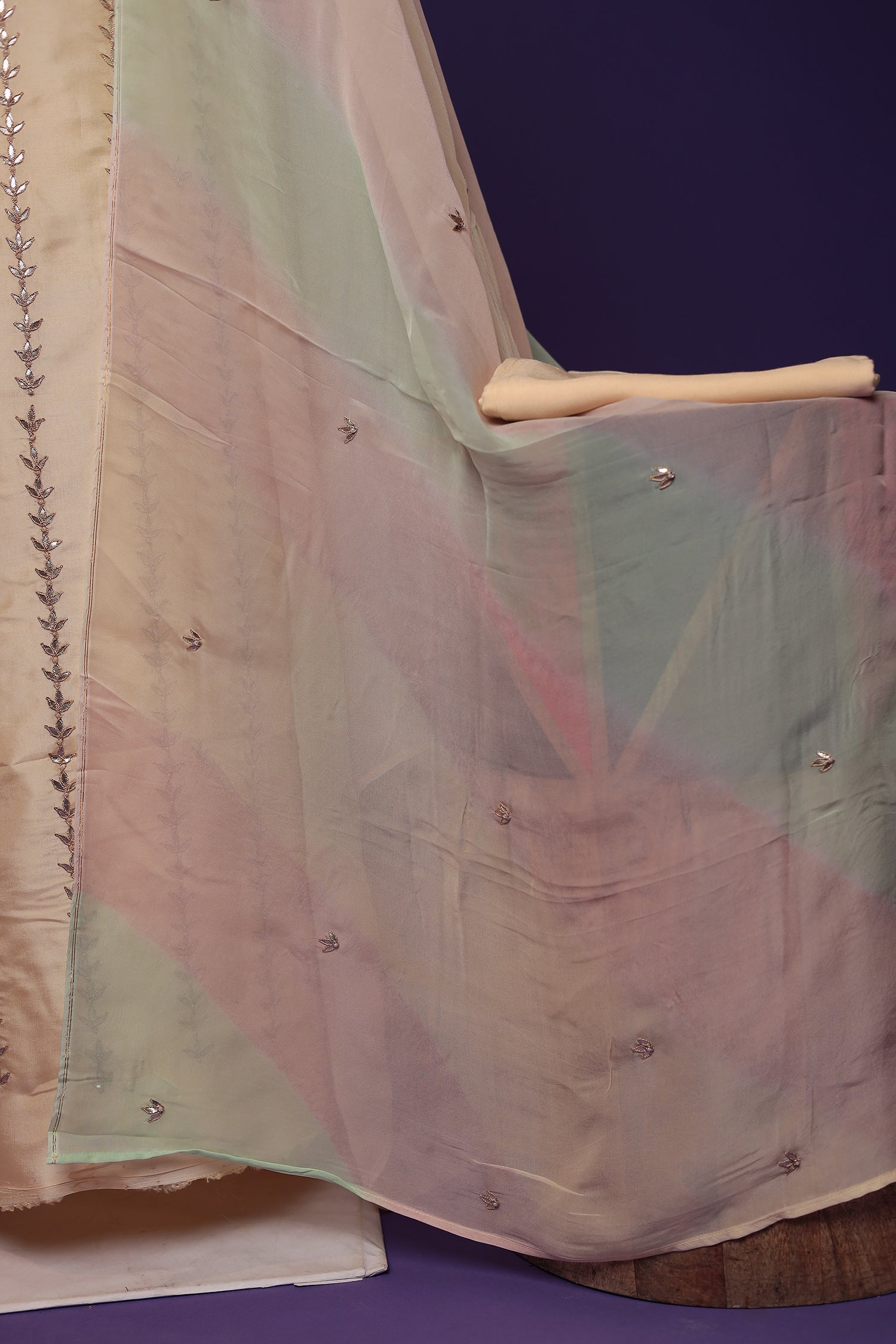 Silk Unstitched Suit with Gota Patti, Pearl and Thread work