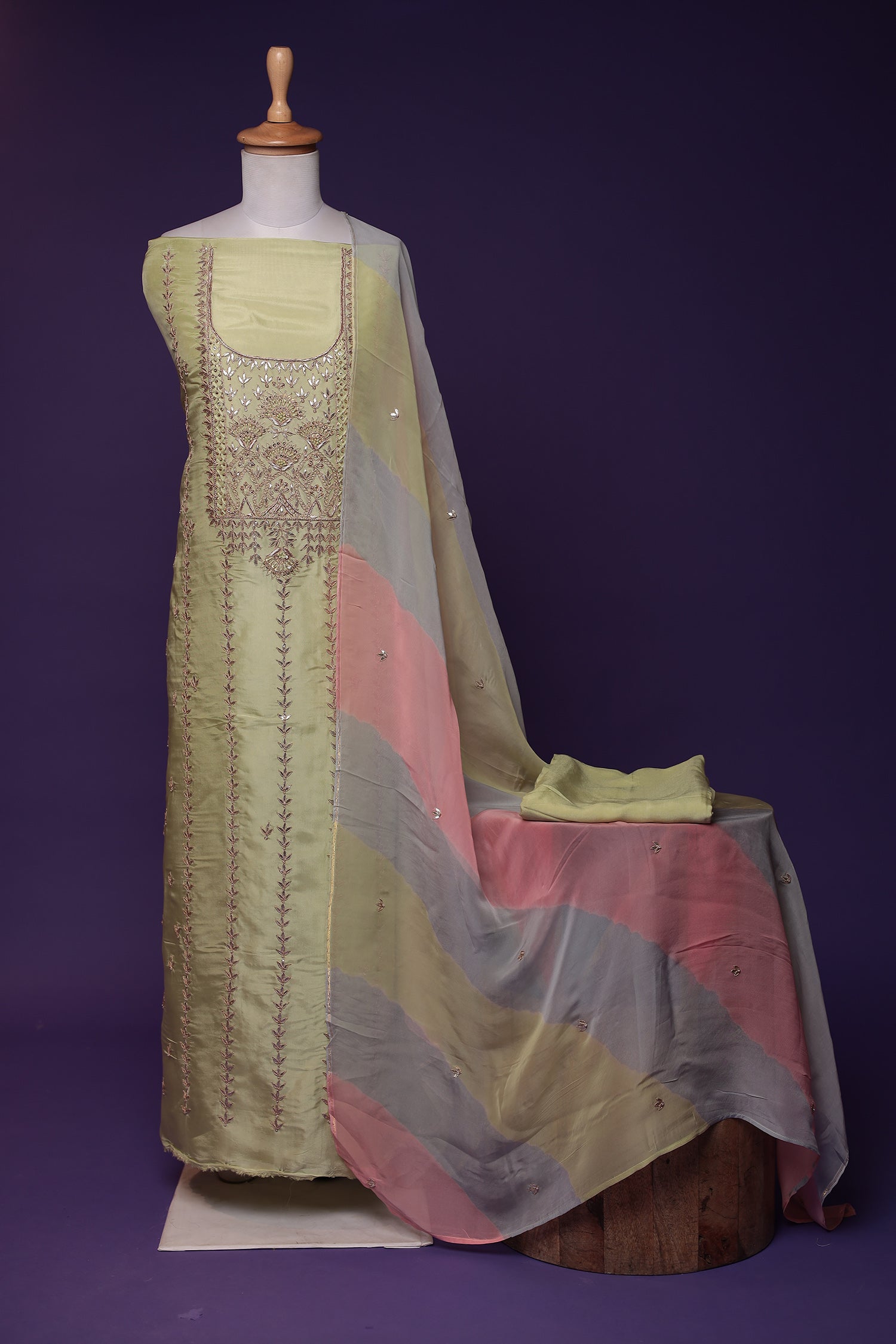 Silk Unstitched Suit with Gota Patti, Pearl and Thread work