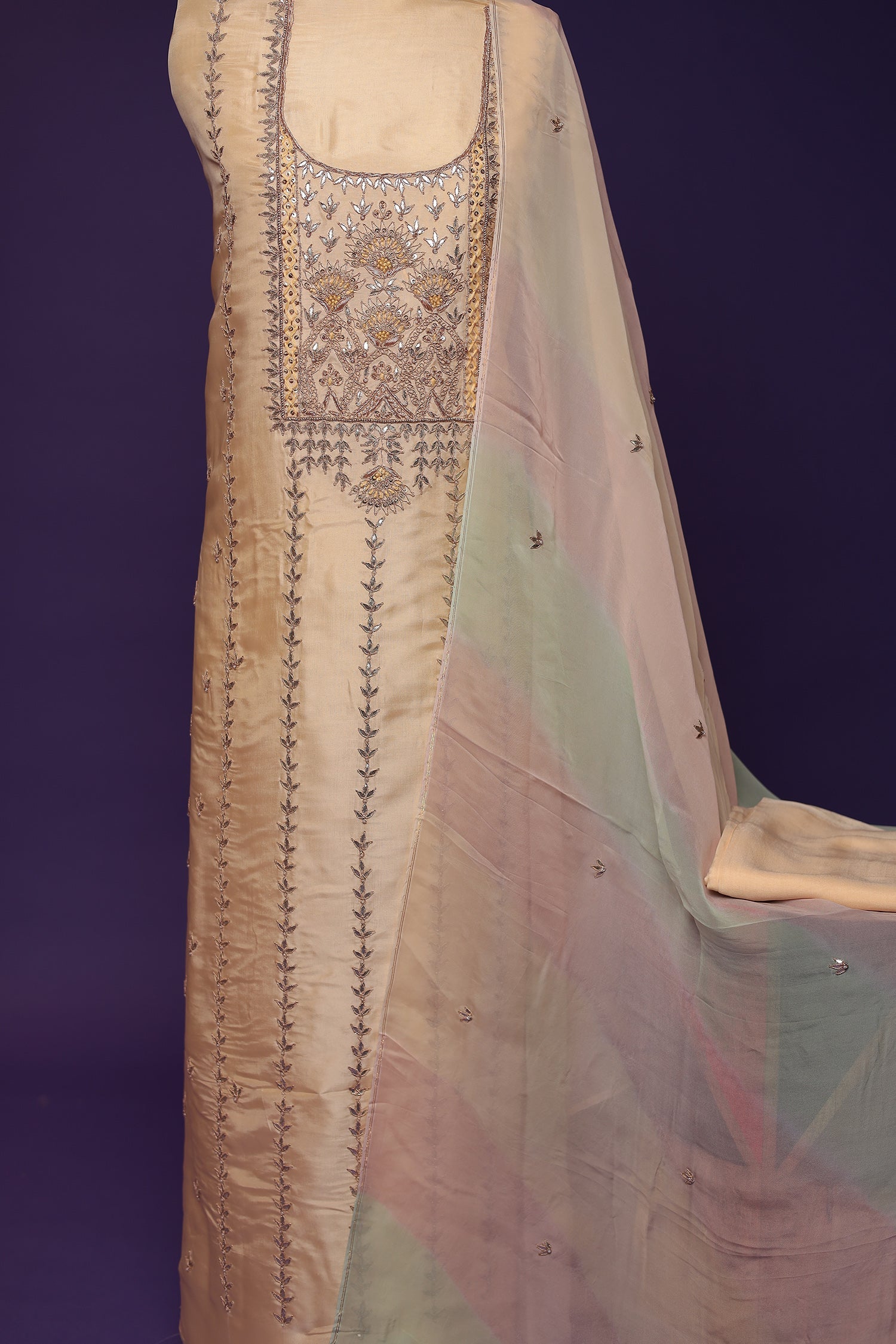 Silk Unstitched Suit with Gota Patti, Pearl and Thread work
