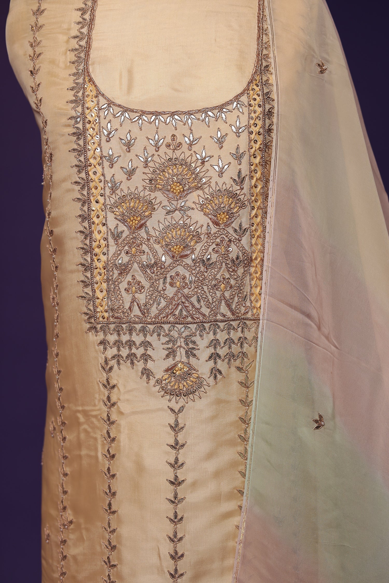 Silk Unstitched Suit with Gota Patti, Pearl and Thread work