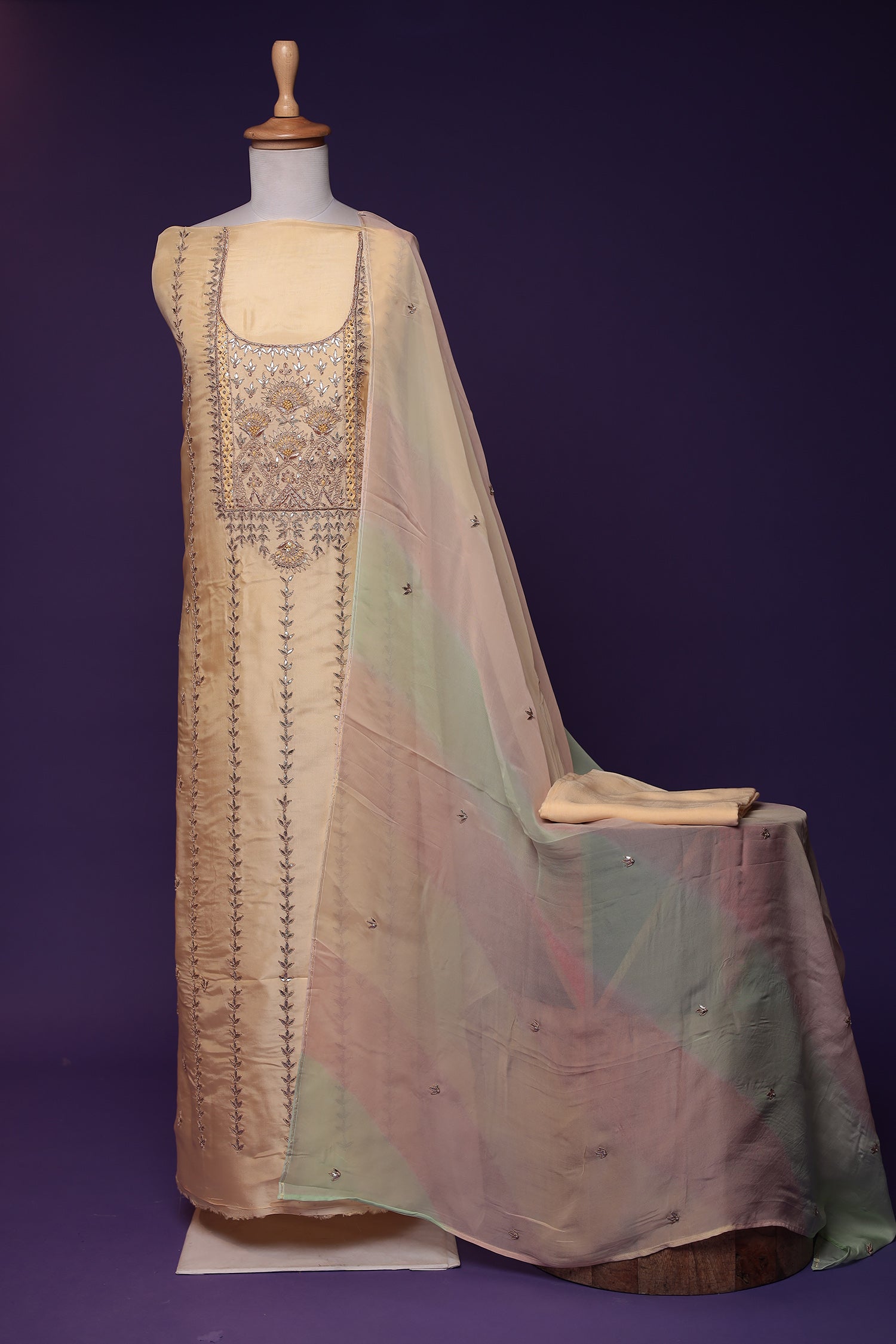 Silk Unstitched Suit with Gota Patti, Pearl and Thread work