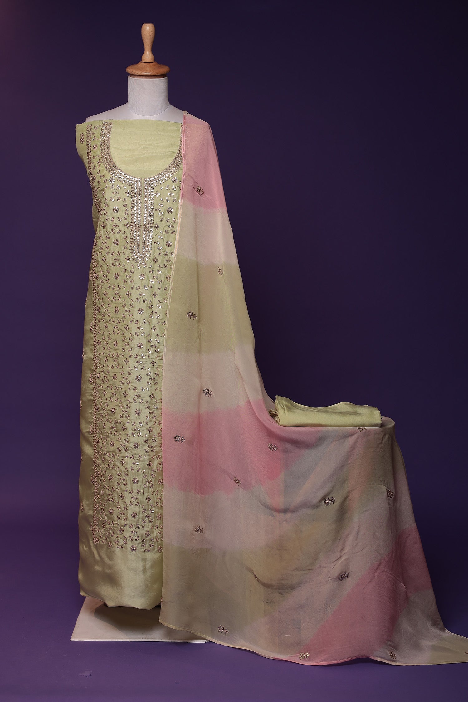 Silk Unstitched Suit with Dori and Gota Patti work