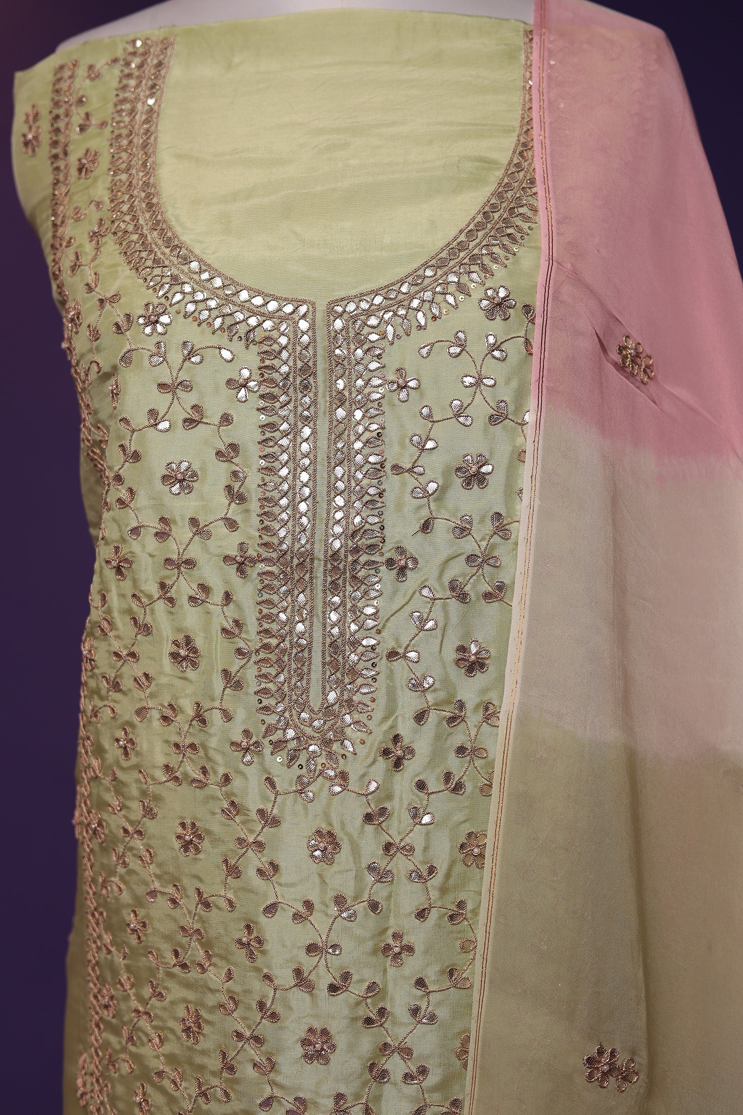 Silk Unstitched Suit with Dori and Gota Patti work