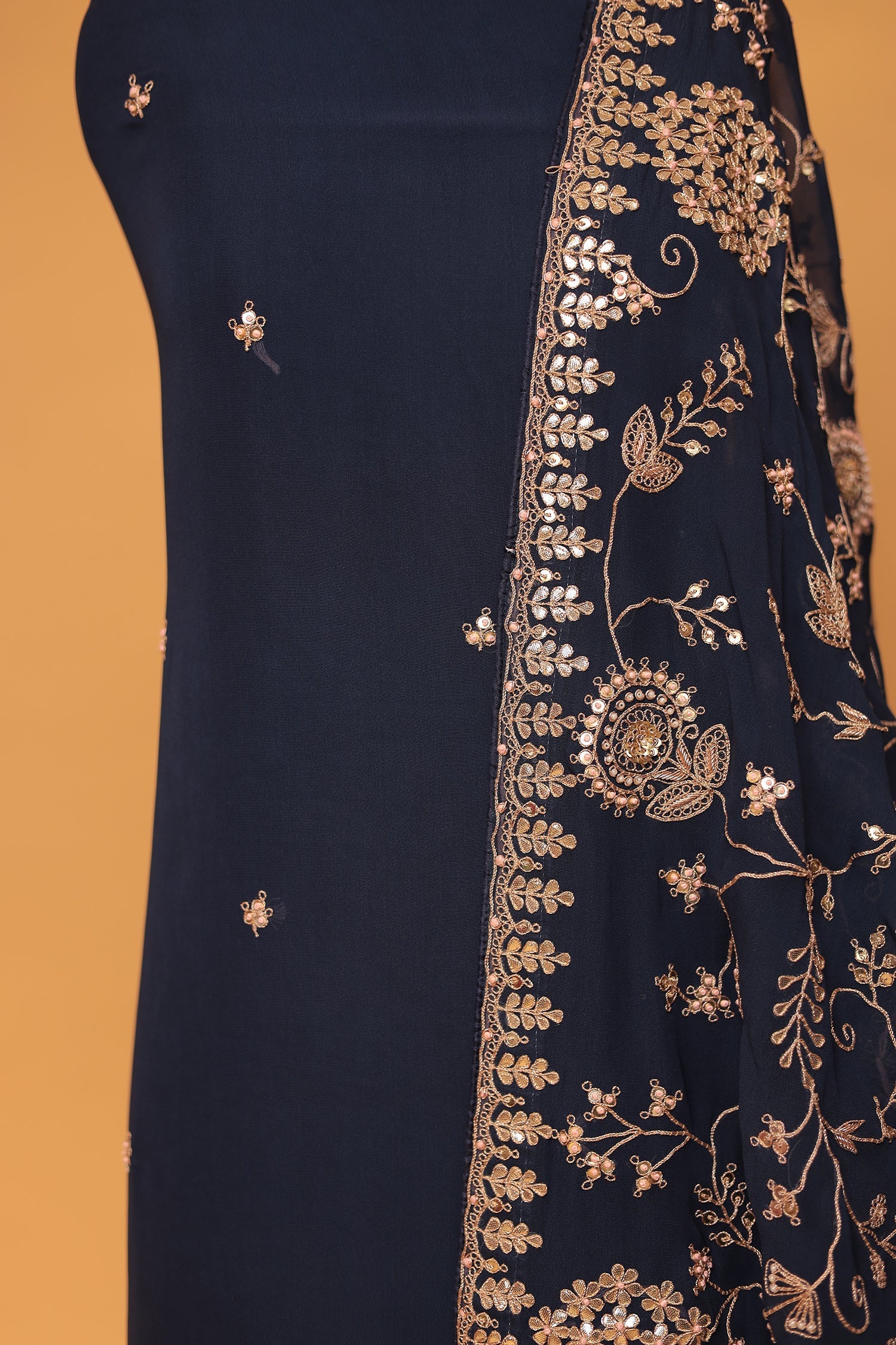 Georgette Unstitched Suit Embellished with Gota Patti, Pearl and Zardozi work