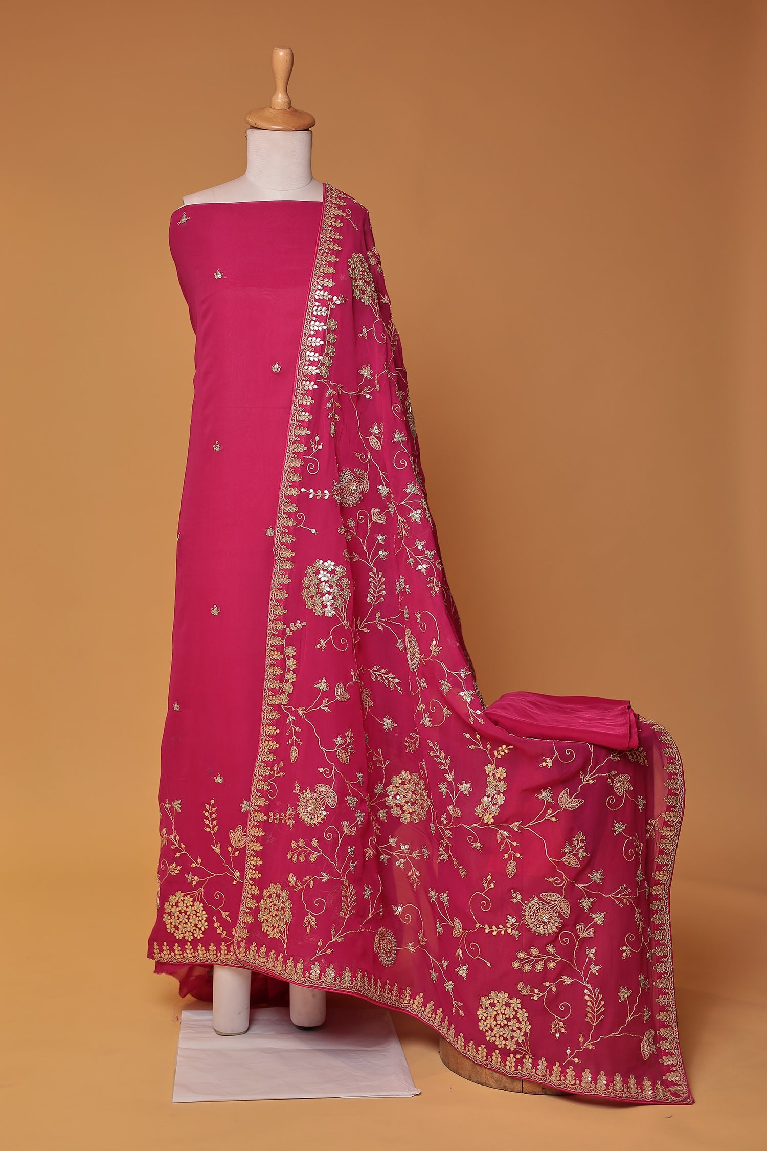 Georgette Unstitched Suit Embellished with Gota Patti, Pearl and Zardozi work