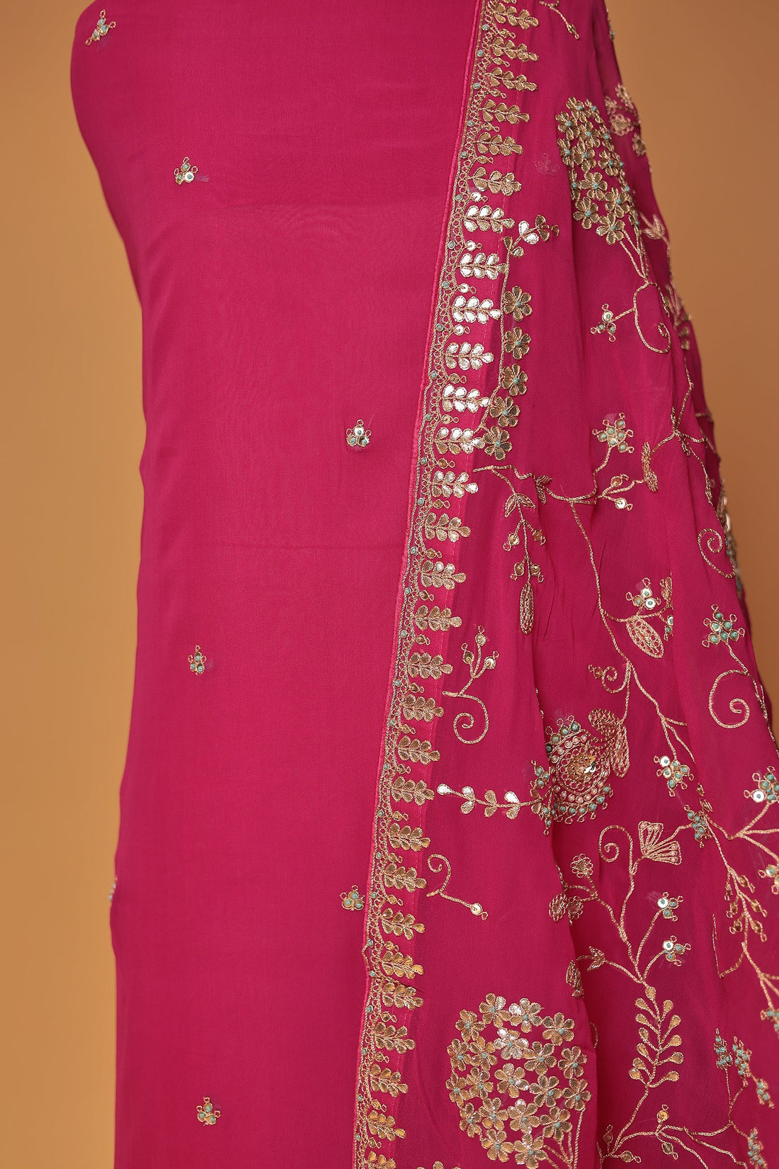 Georgette Unstitched Suit Embellished with Gota Patti, Pearl and Zardozi work