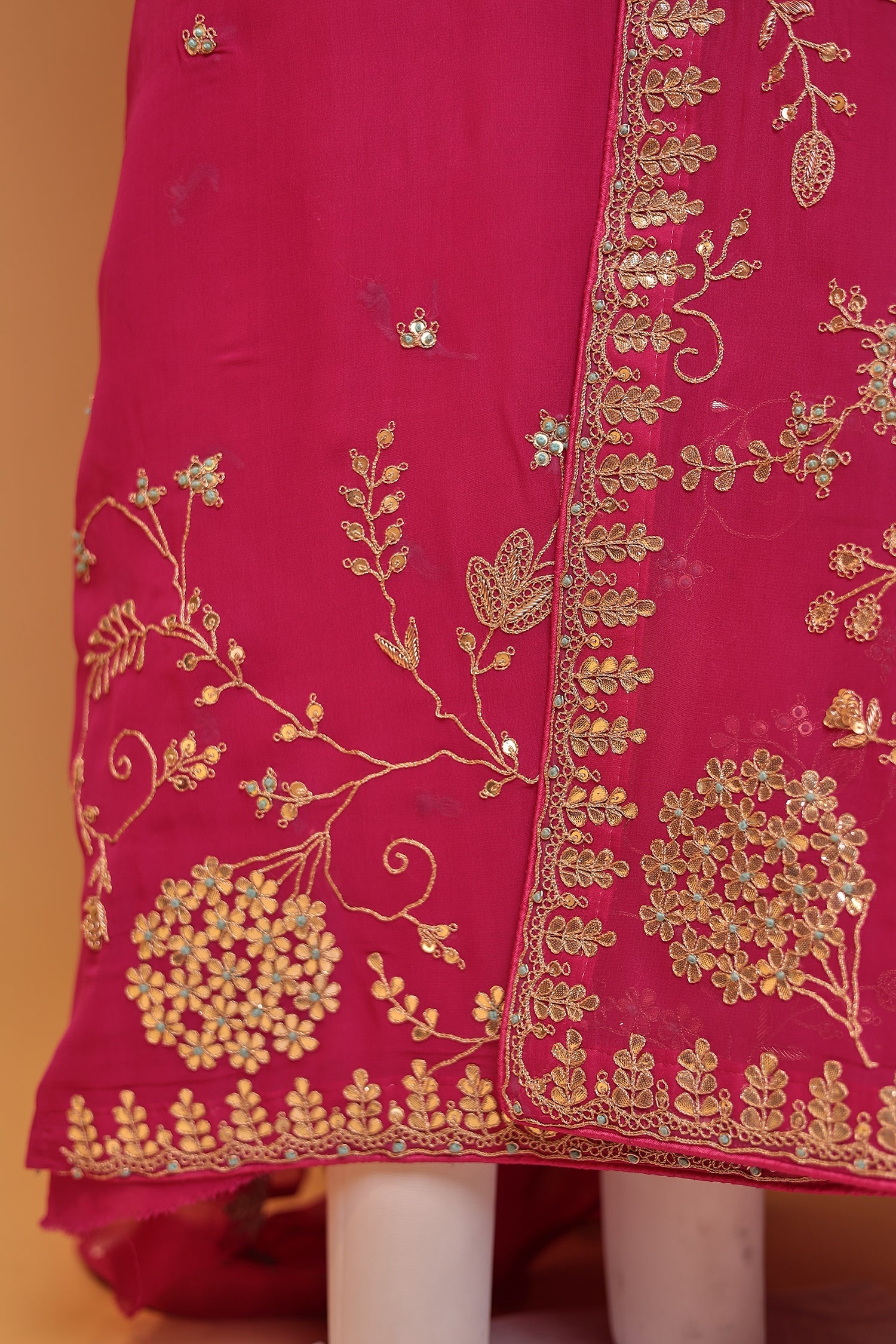 Georgette Unstitched Suit Embellished with Gota Patti, Pearl and Zardozi work