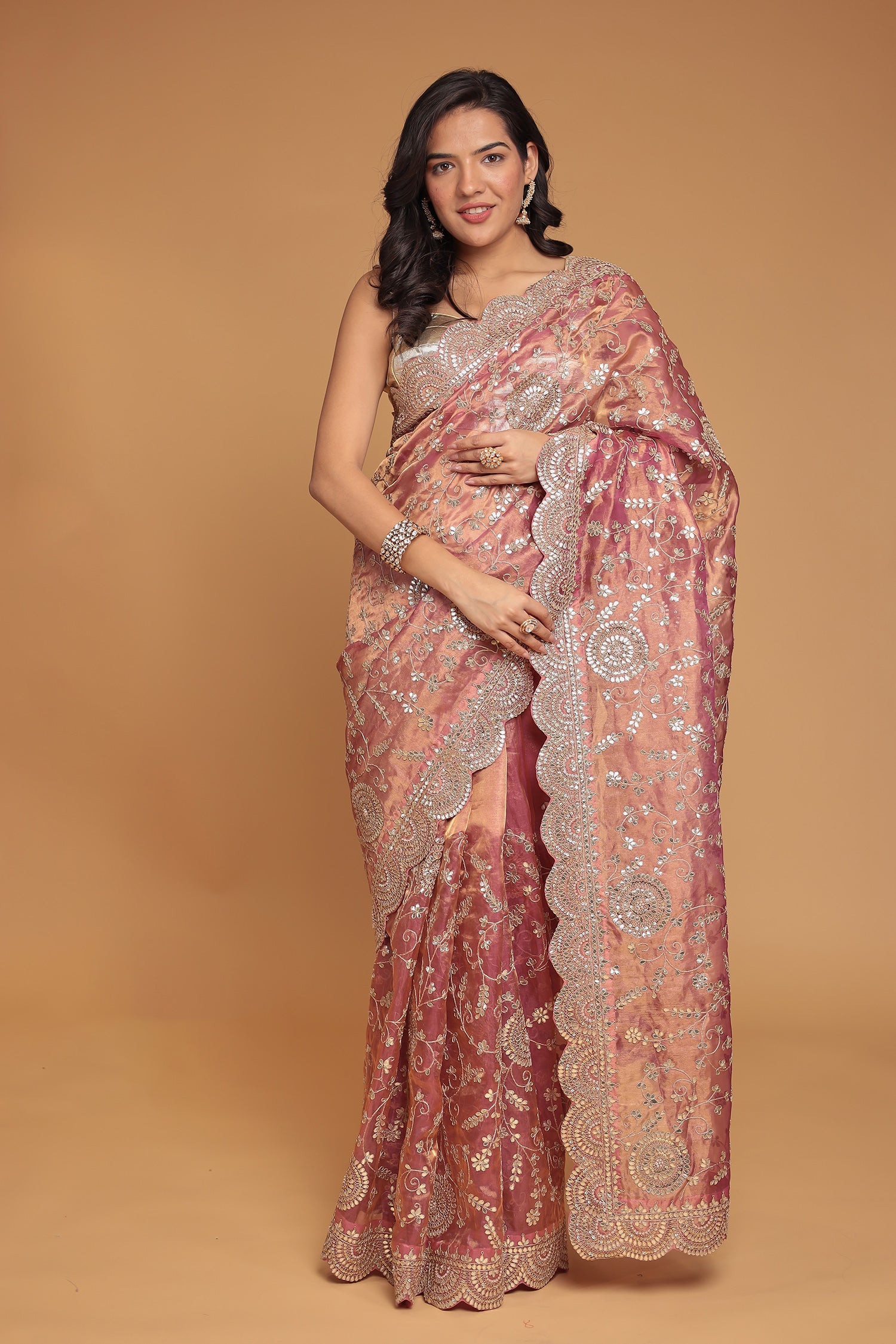 Tissue Saree Embellished with Dori, Gota Patti and Pearl work