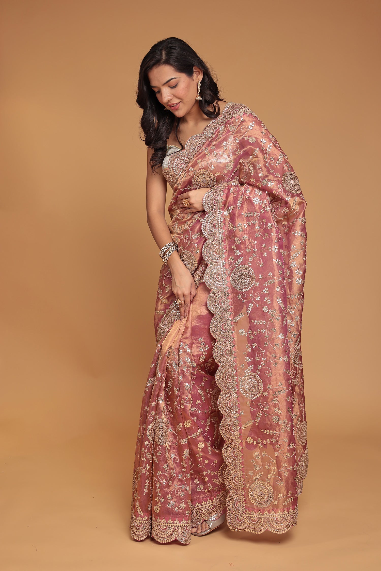 Tissue Saree Embellished with Dori, Gota Patti and Pearl work