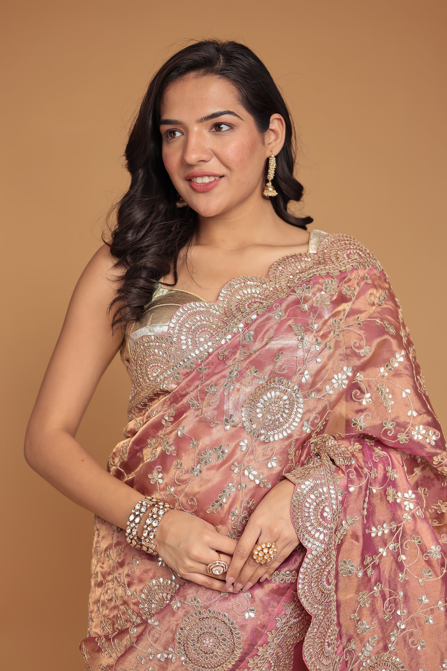 Tissue Saree Embellished with Dori, Gota Patti and Pearl work