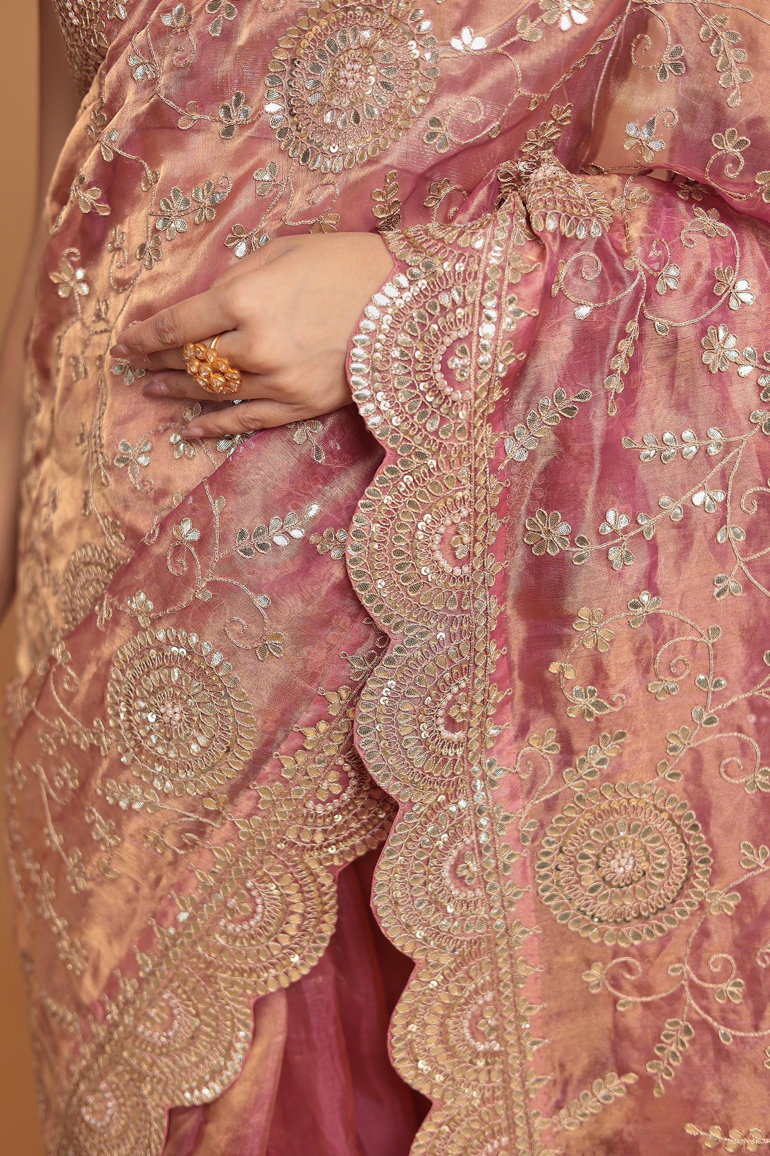 Tissue Saree Embellished with Dori, Gota Patti and Pearl work