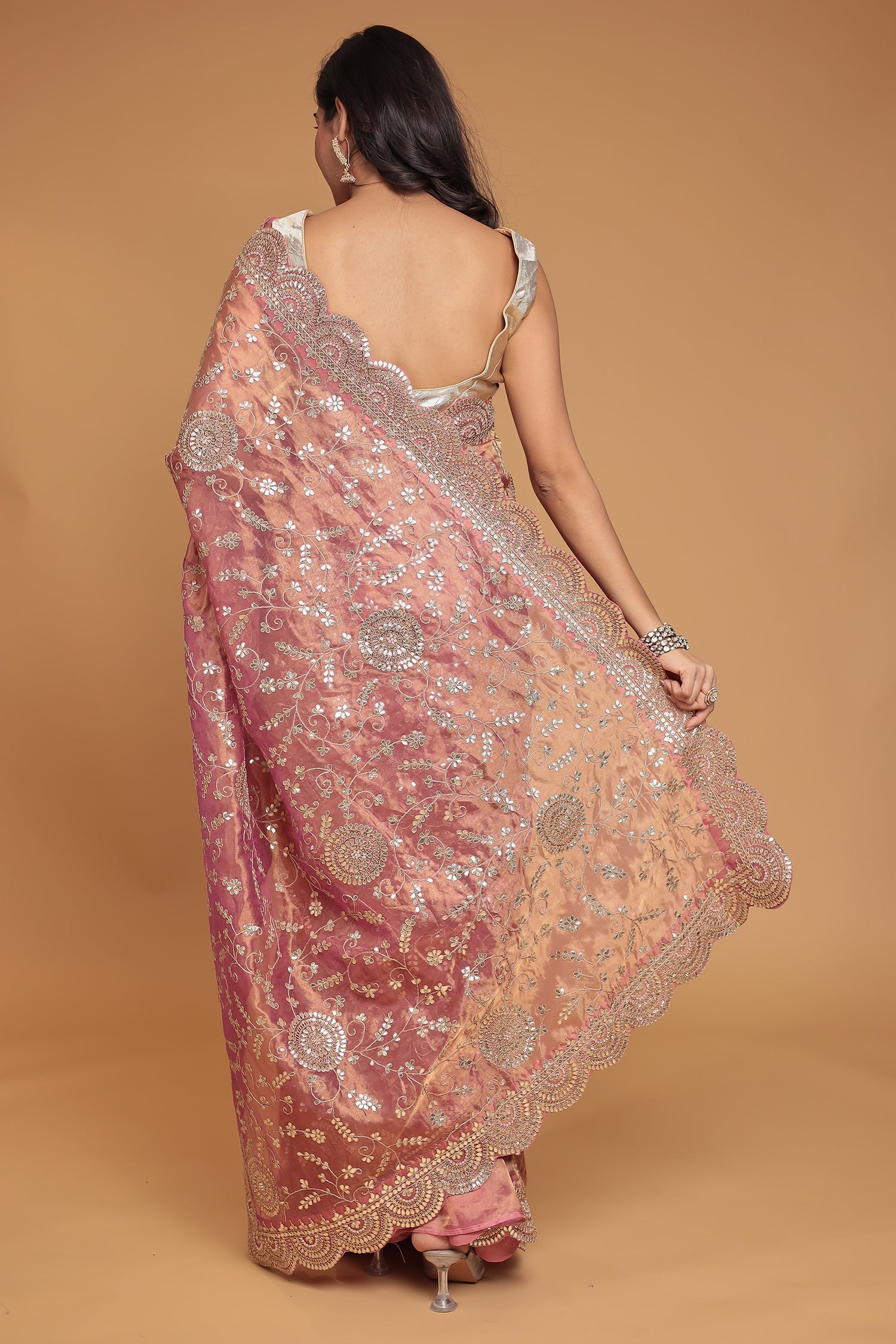 Tissue Saree Embellished with Dori, Gota Patti and Pearl work