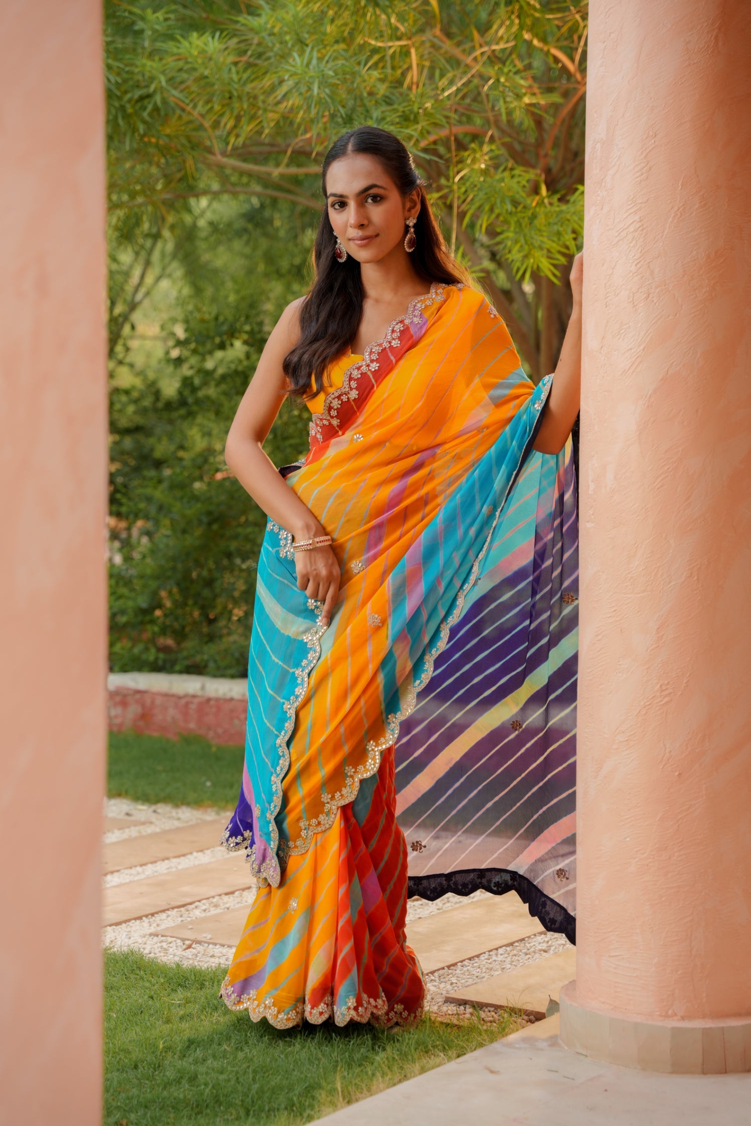 Leheriya Georgette Saree with Dori, Gota Patti and Pearl work
