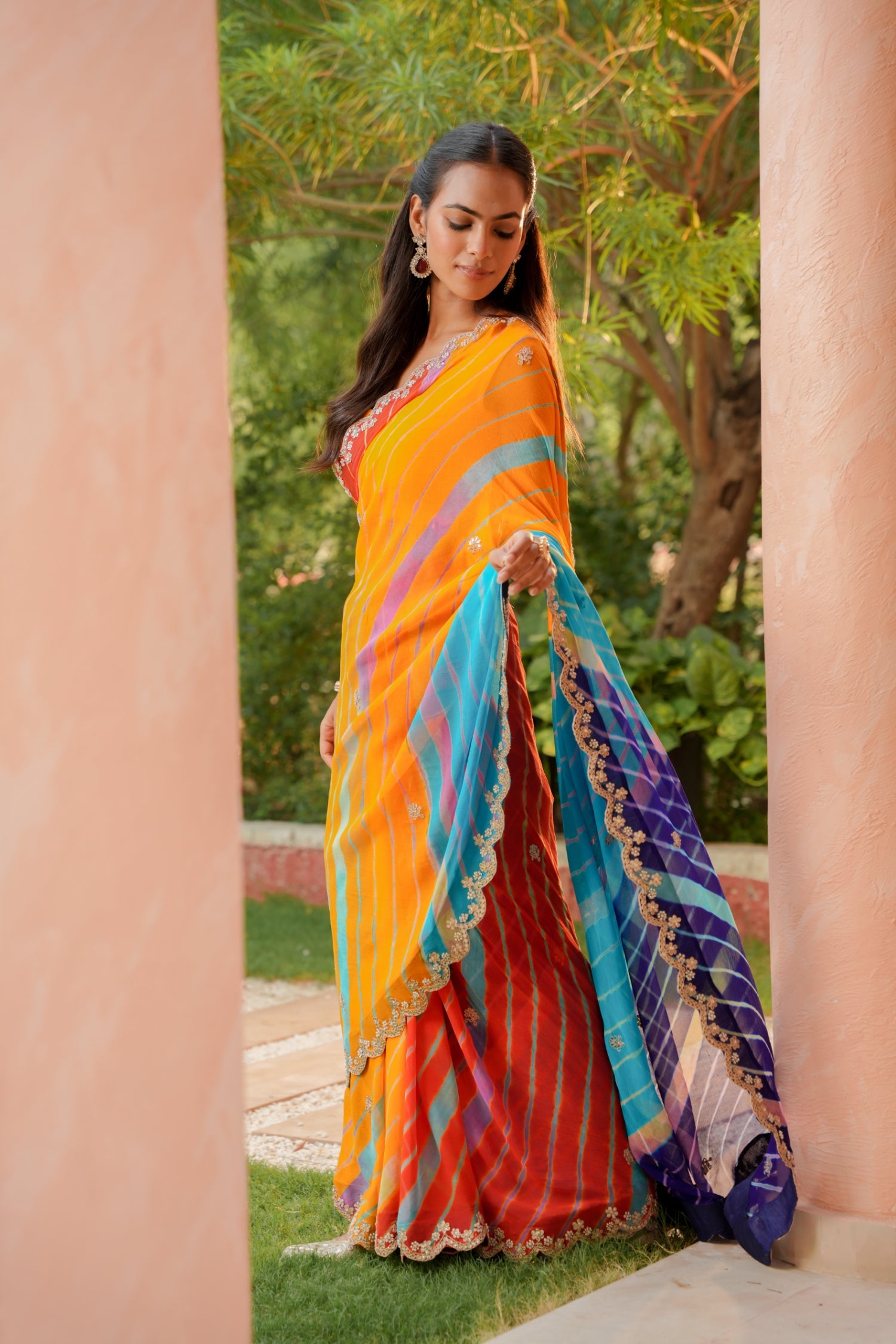 Leheriya Georgette Saree with Dori, Gota Patti and Pearl work