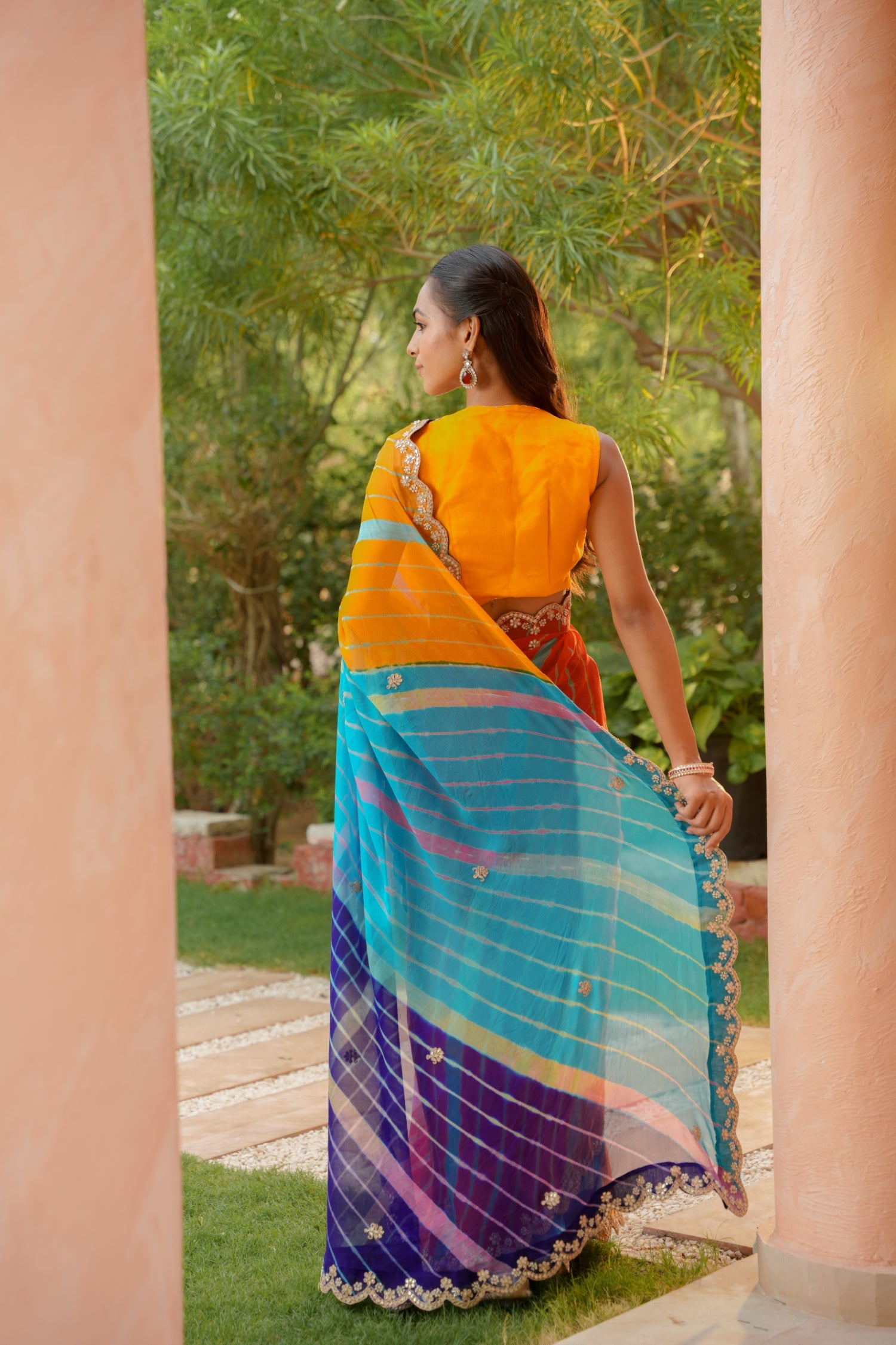 Leheriya Georgette Saree with Dori, Gota Patti and Pearl work