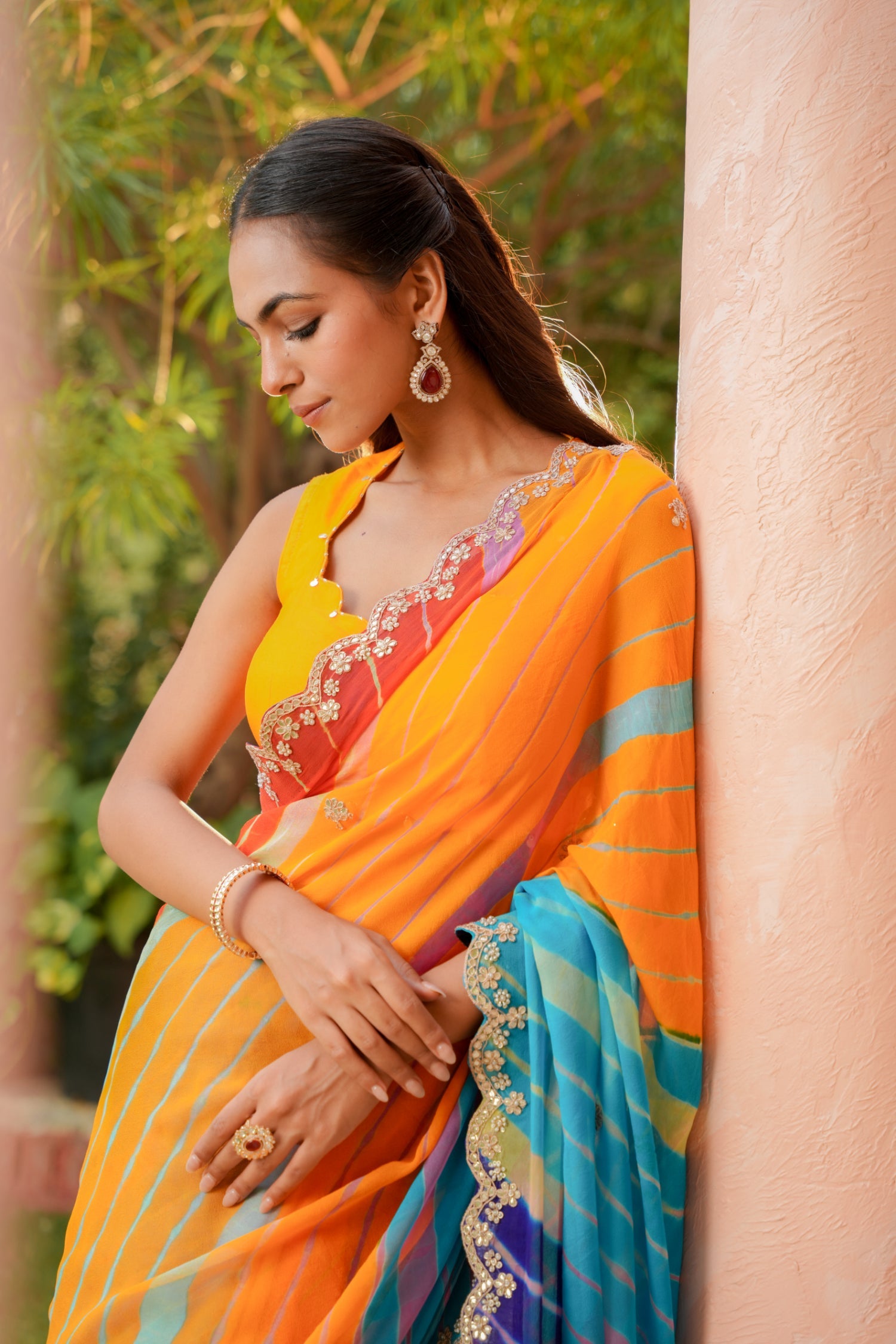 Leheriya Georgette Saree with Dori, Gota Patti and Pearl work