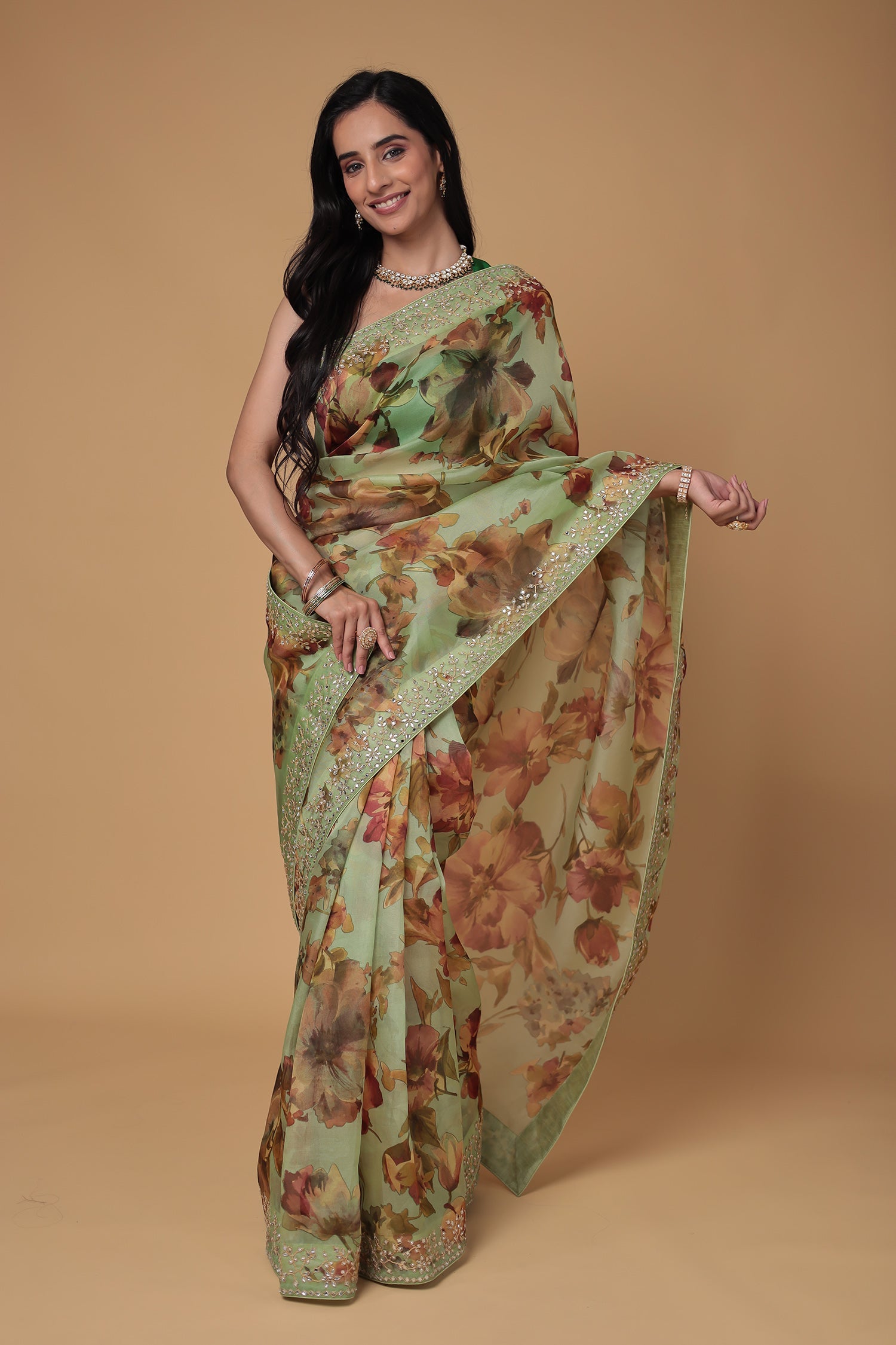 Floral Print Organza Saree with Dori, Printed and Stone work