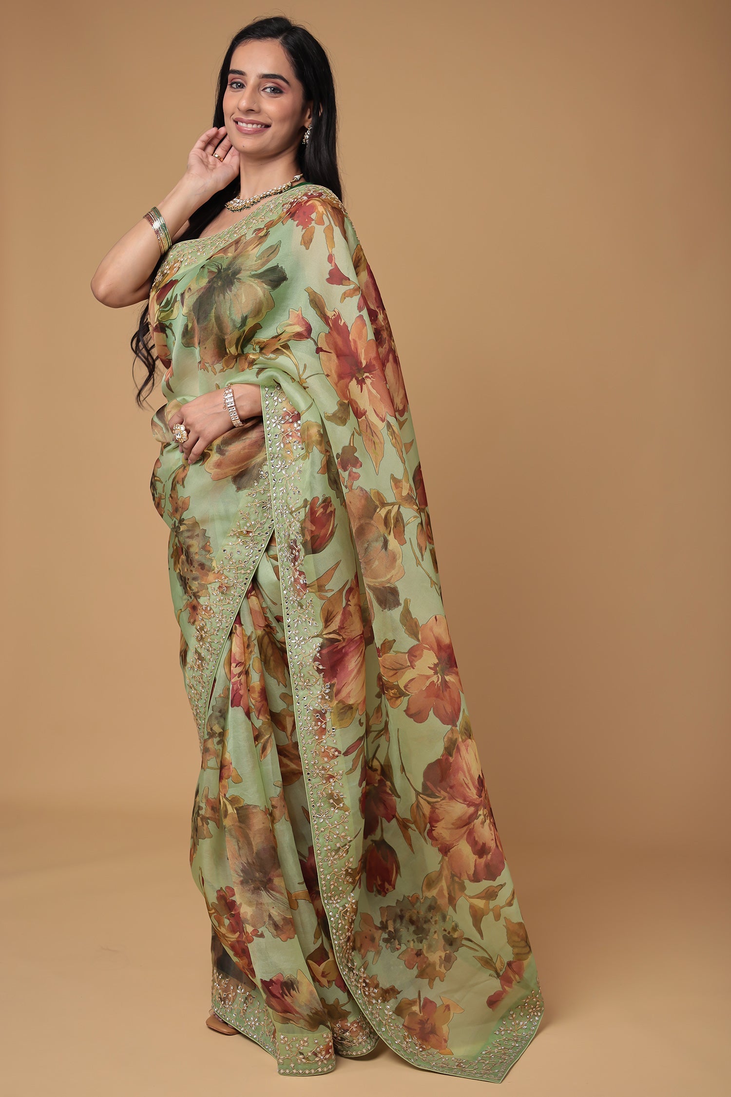 Floral Print Organza Saree with Dori, Printed and Stone work