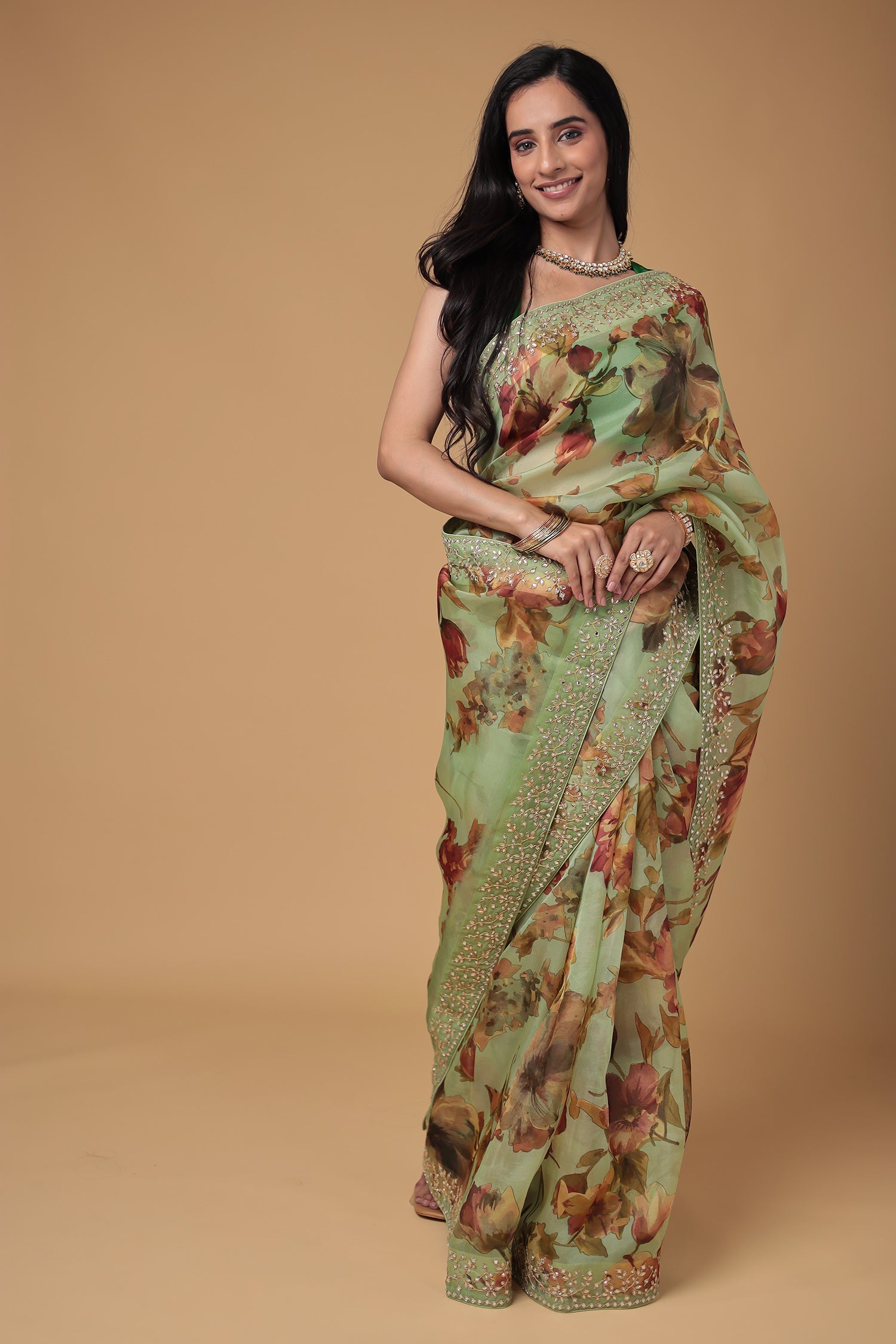 Floral Print Organza Saree with Dori, Printed and Stone work