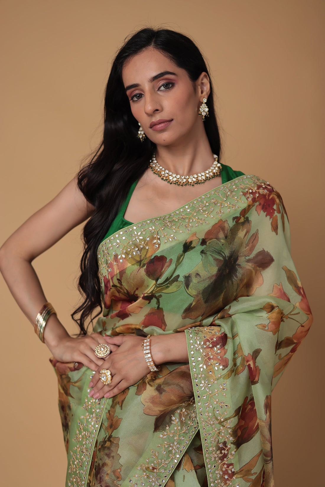 Floral Print Organza Saree with Dori, Printed and Stone work