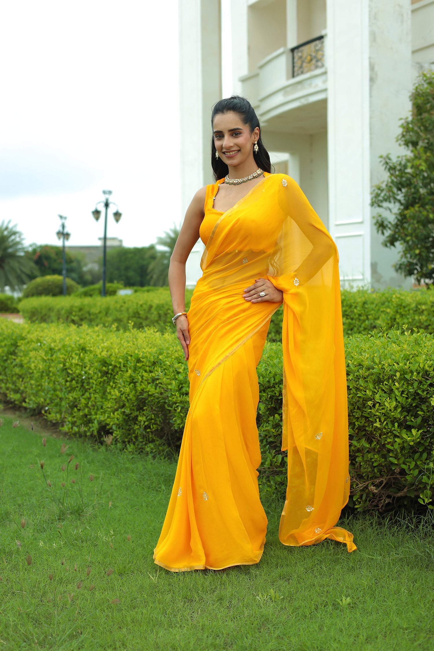 Chiffon Saree with Intricate Aari & Gota Patti Embroidery