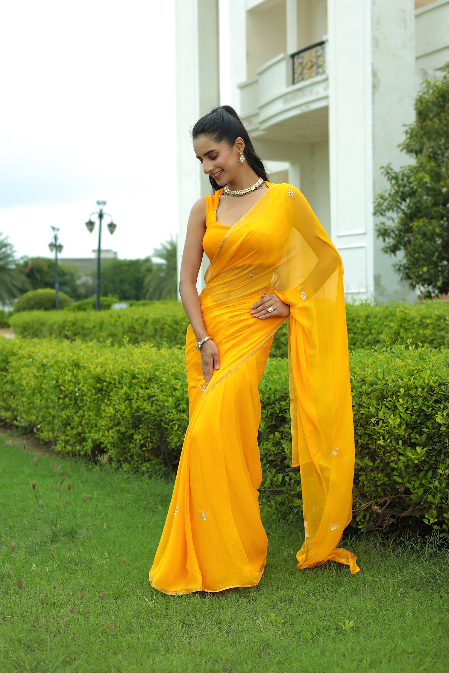 Chiffon Saree with Intricate Aari & Gota Patti Embroidery