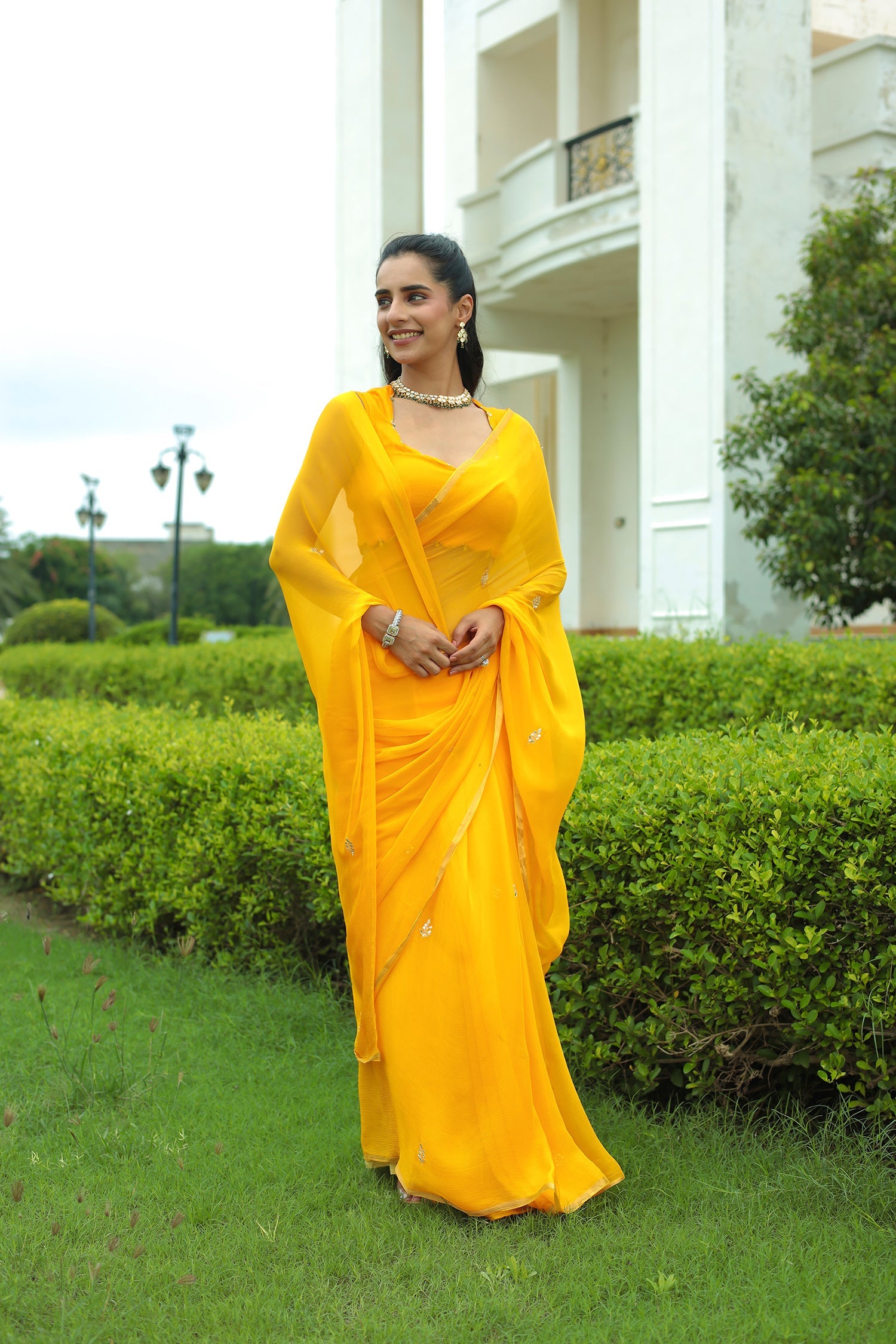 Chiffon Saree with Intricate Aari & Gota Patti Embroidery