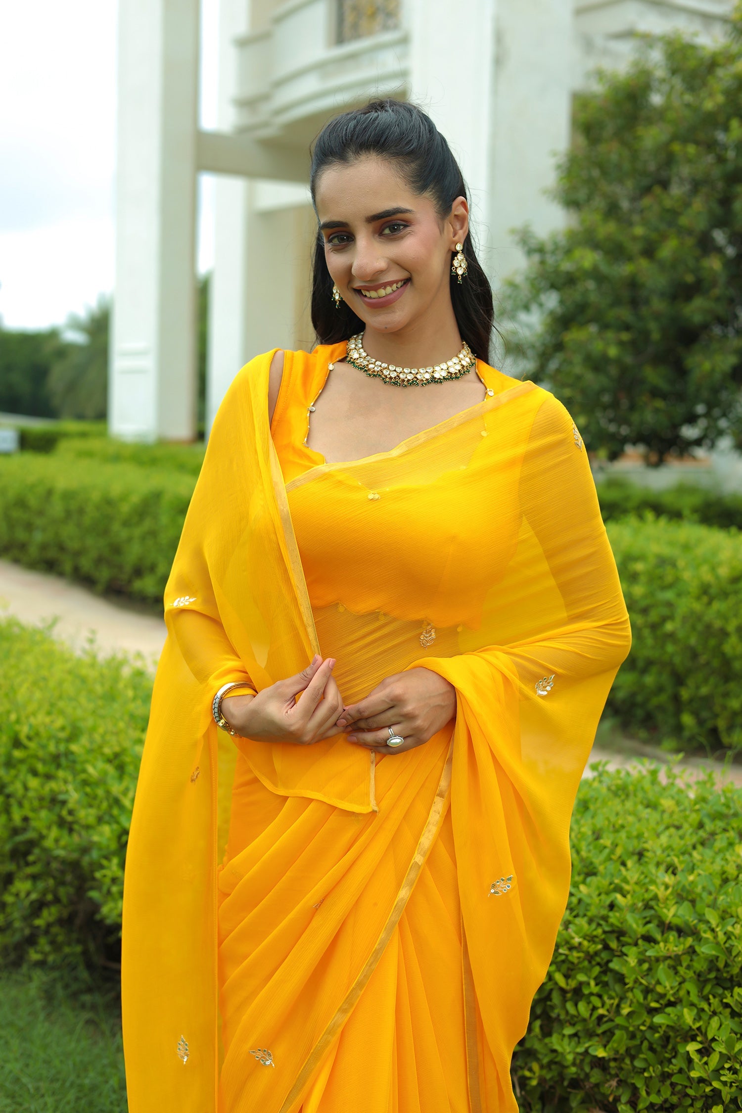 Chiffon Saree with Intricate Aari & Gota Patti Embroidery