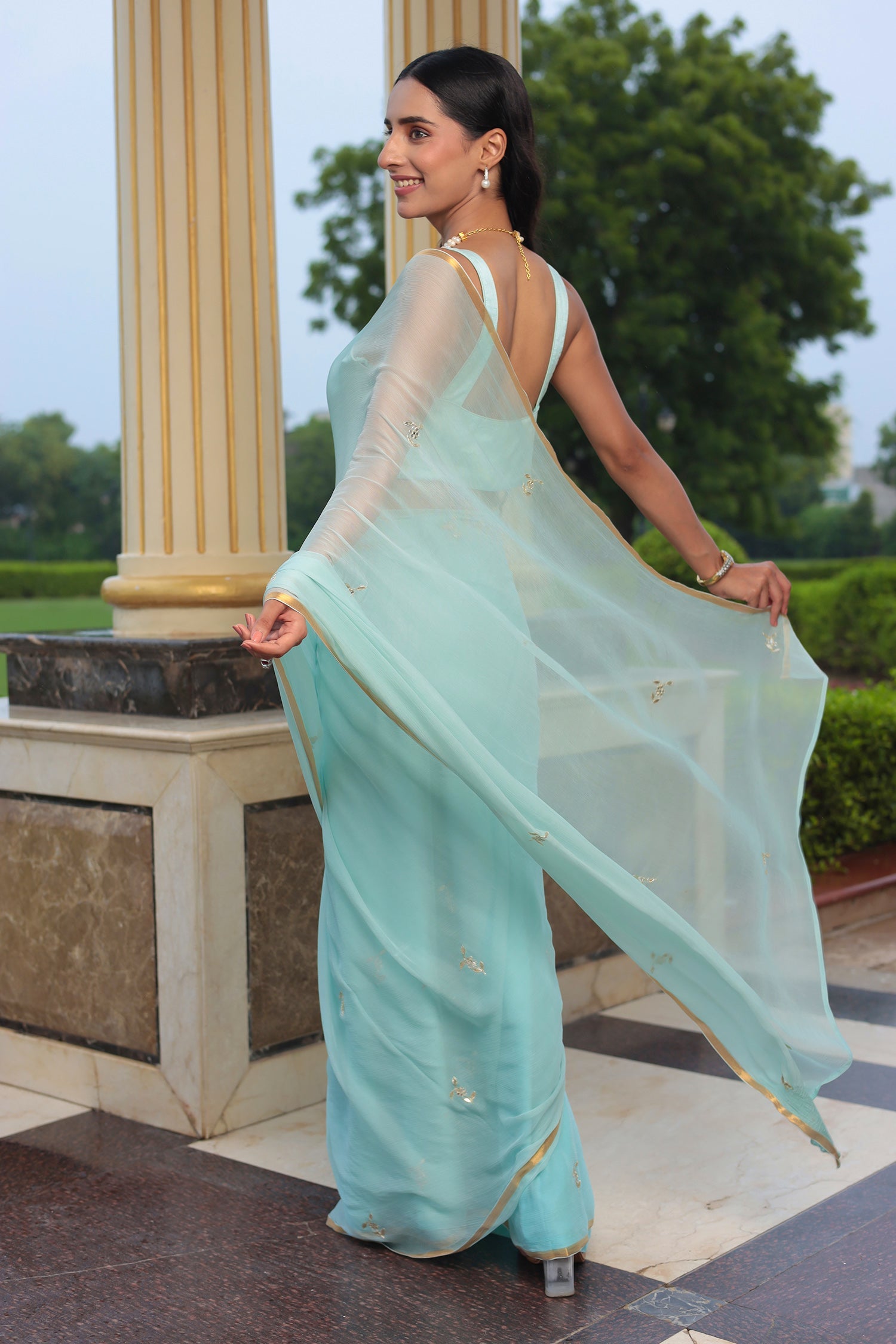 Chiffon Saree with Aari, Gota Patti Work and Zari Border