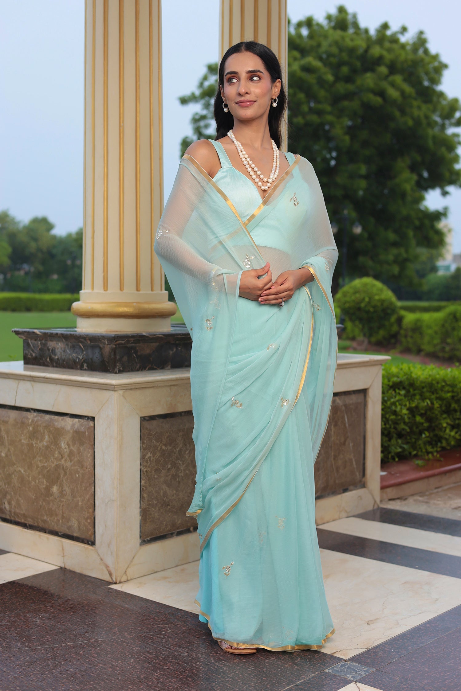 Chiffon Saree with Aari, Gota Patti Work and Zari Border