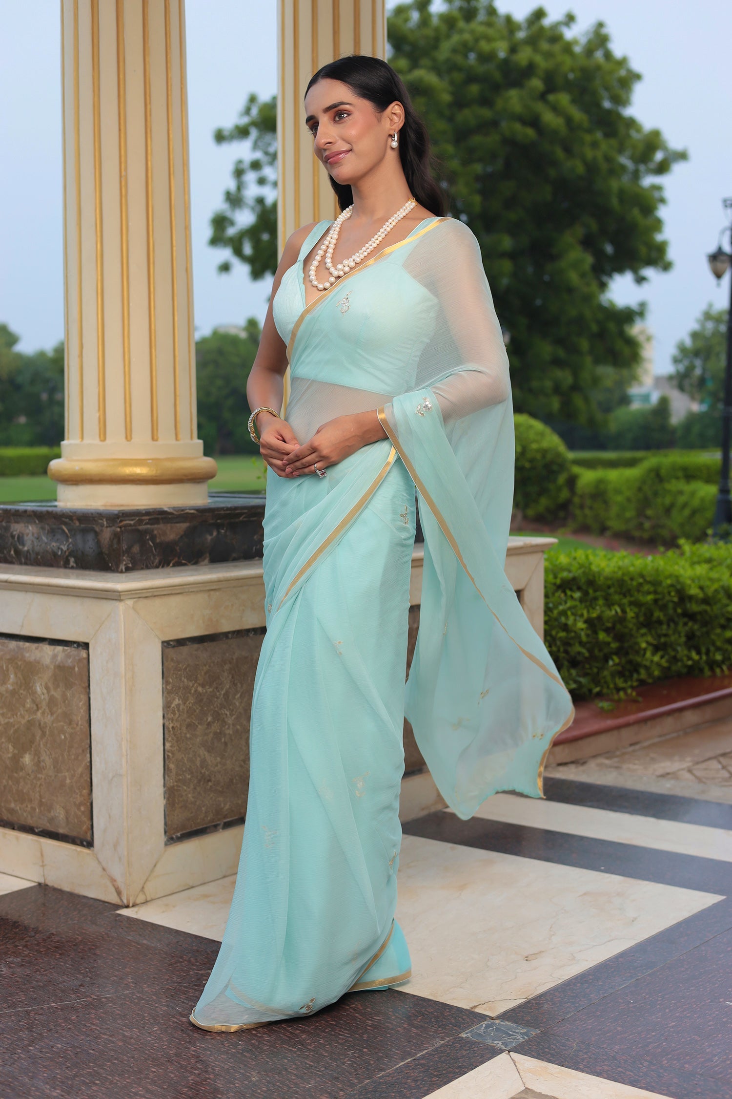 Chiffon Saree with Aari, Gota Patti Work and Zari Border