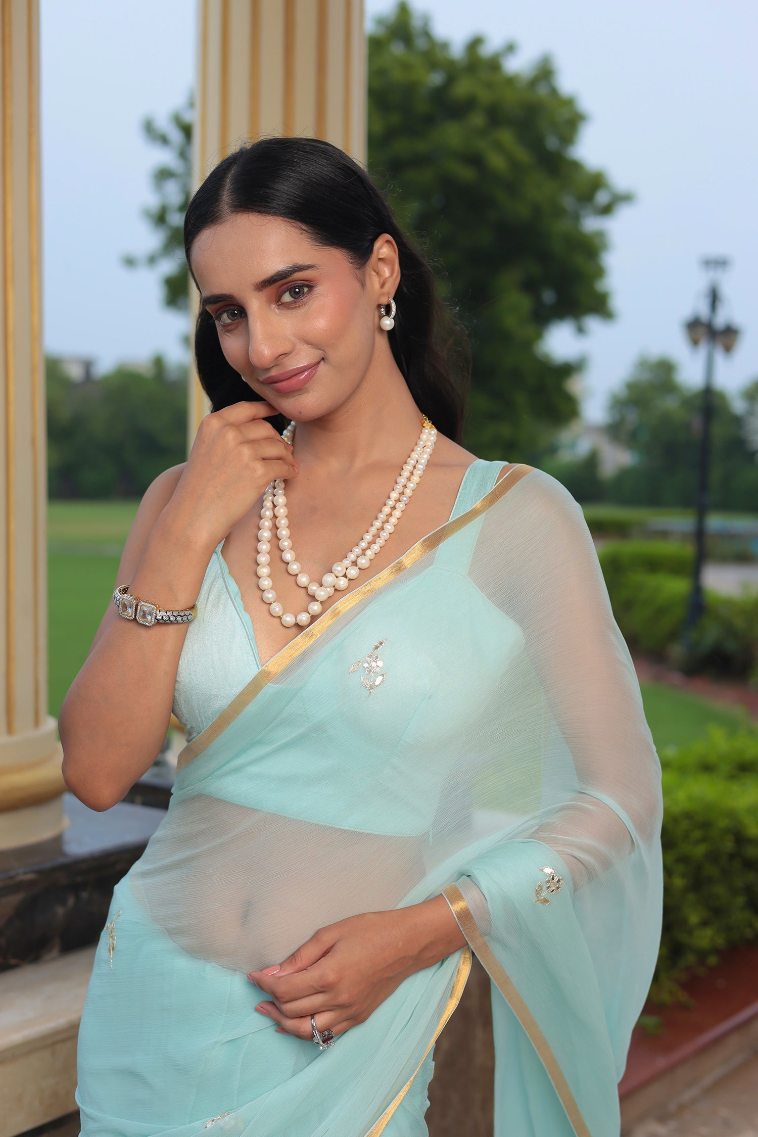 Chiffon Saree with Aari, Gota Patti Work and Zari Border