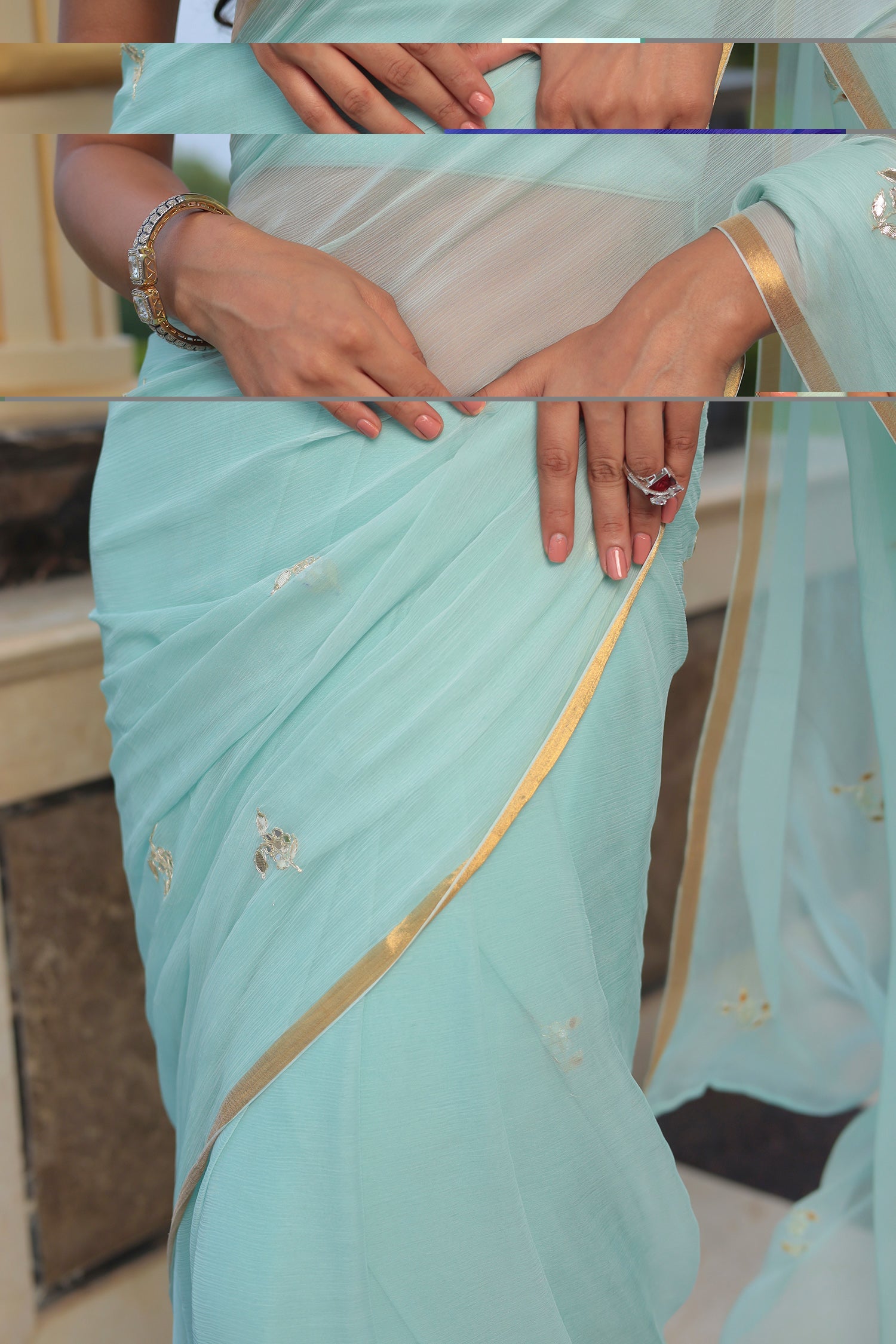 Chiffon Saree with Aari, Gota Patti Work and Zari Border