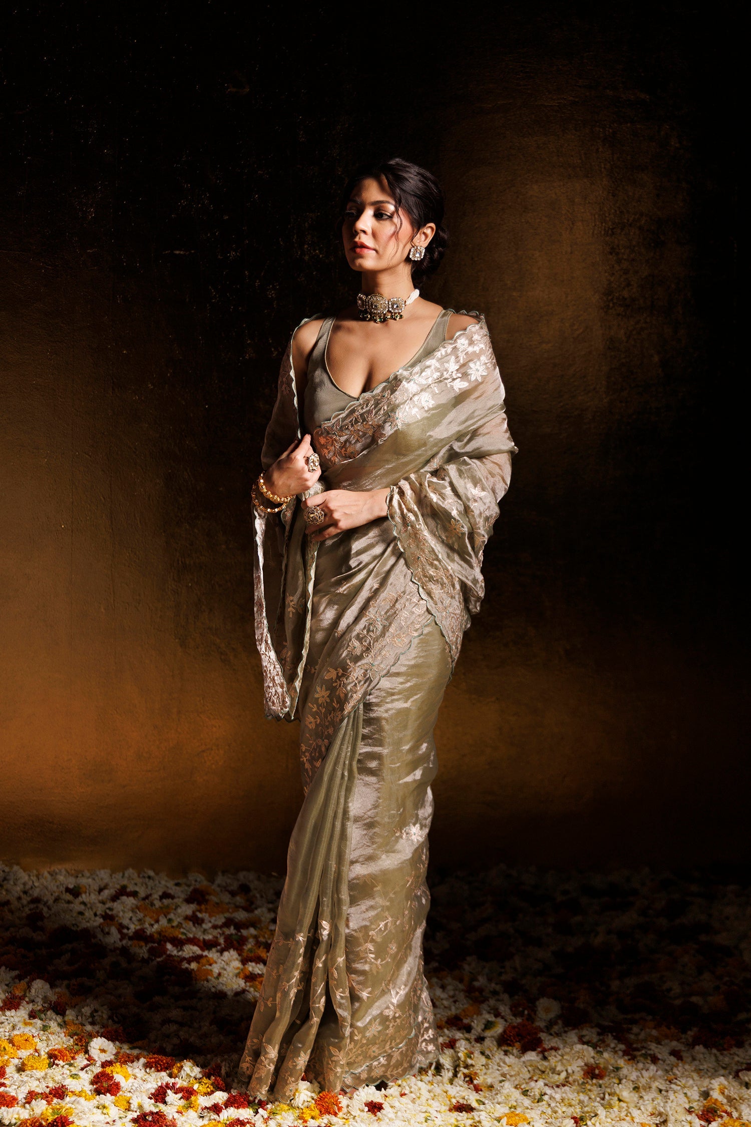 Tissue Saree Embellished with Pittan work