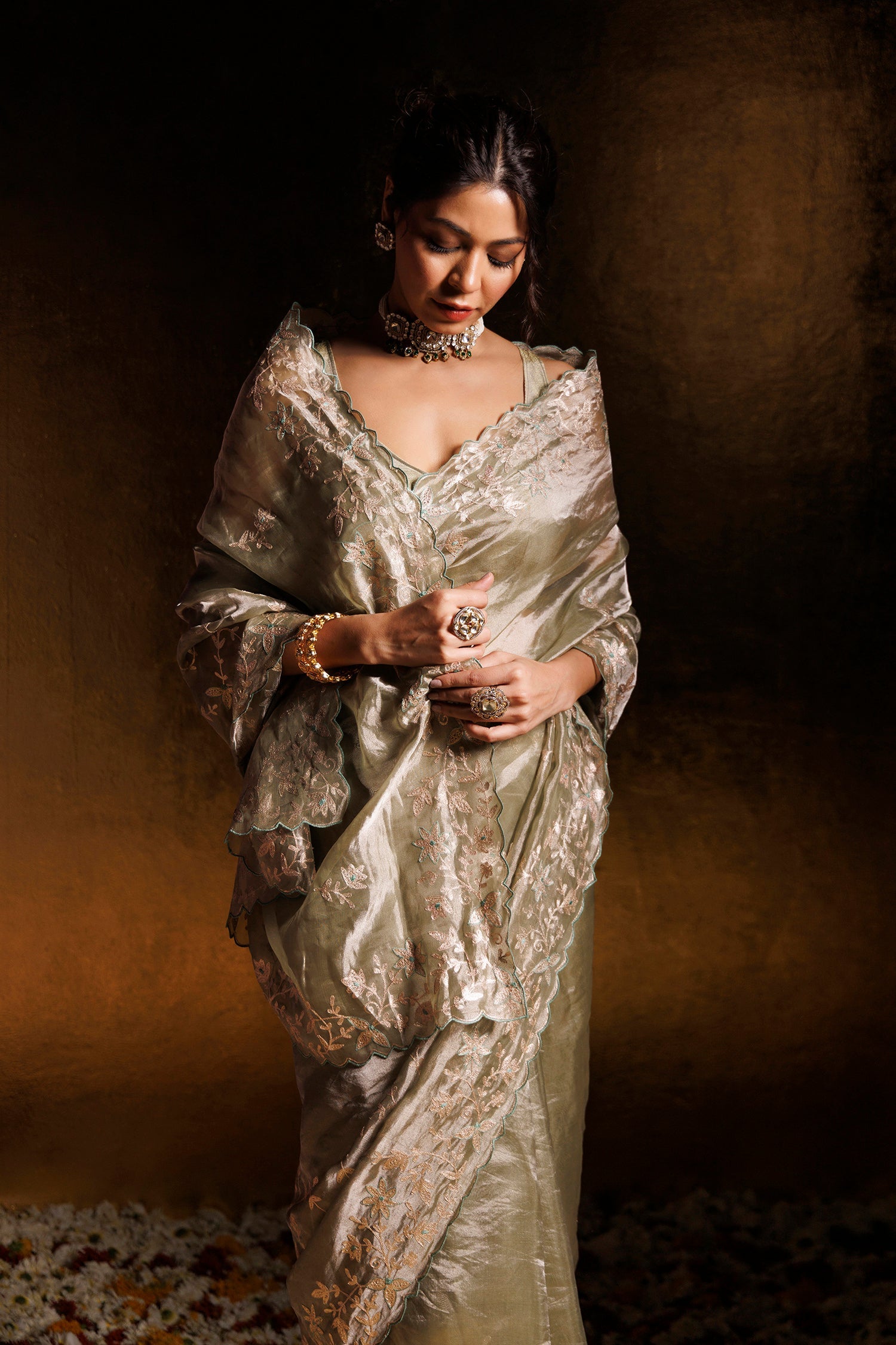 Tissue Saree Embellished with Pittan work