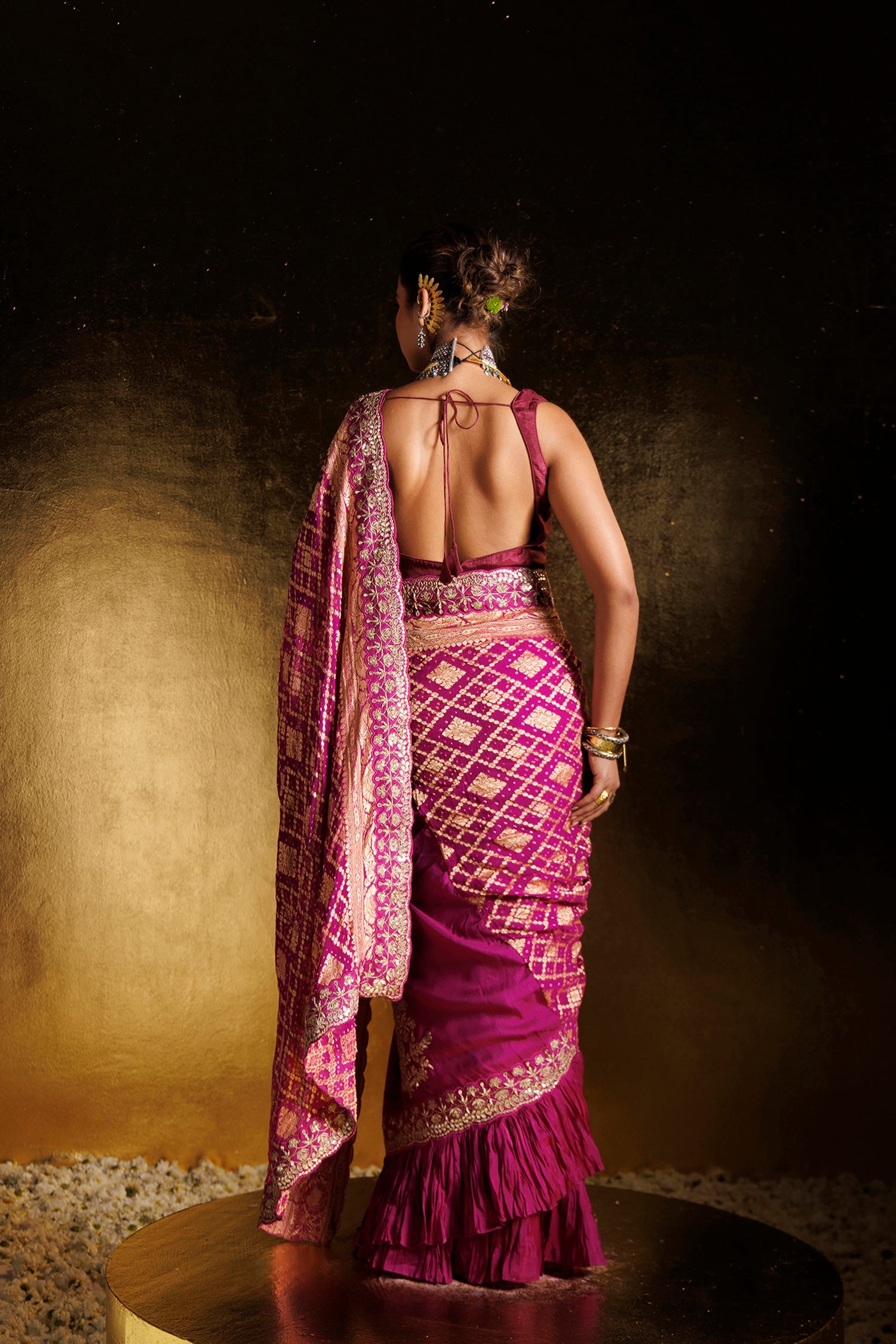 Bandhej Ruffled Silk Saree with Dori, Gota Patti and Zardozi work