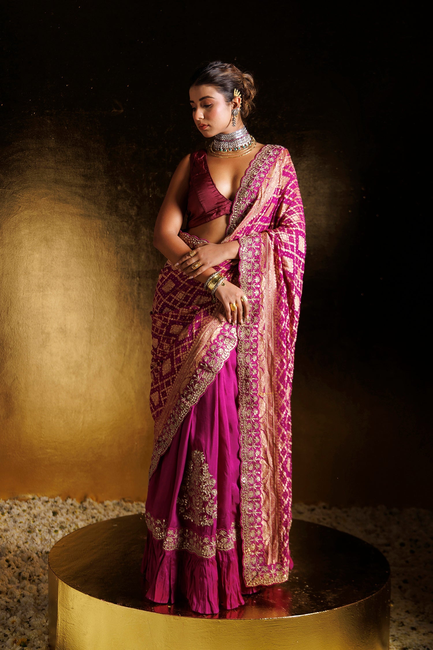 Bandhej Ruffled Silk Saree with Dori, Gota Patti and Zardozi work