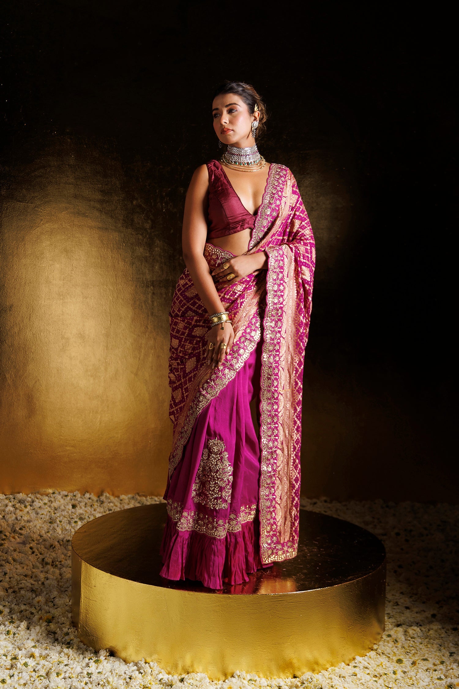 Bandhej Ruffled Silk Saree with Dori, Gota Patti and Zardozi work