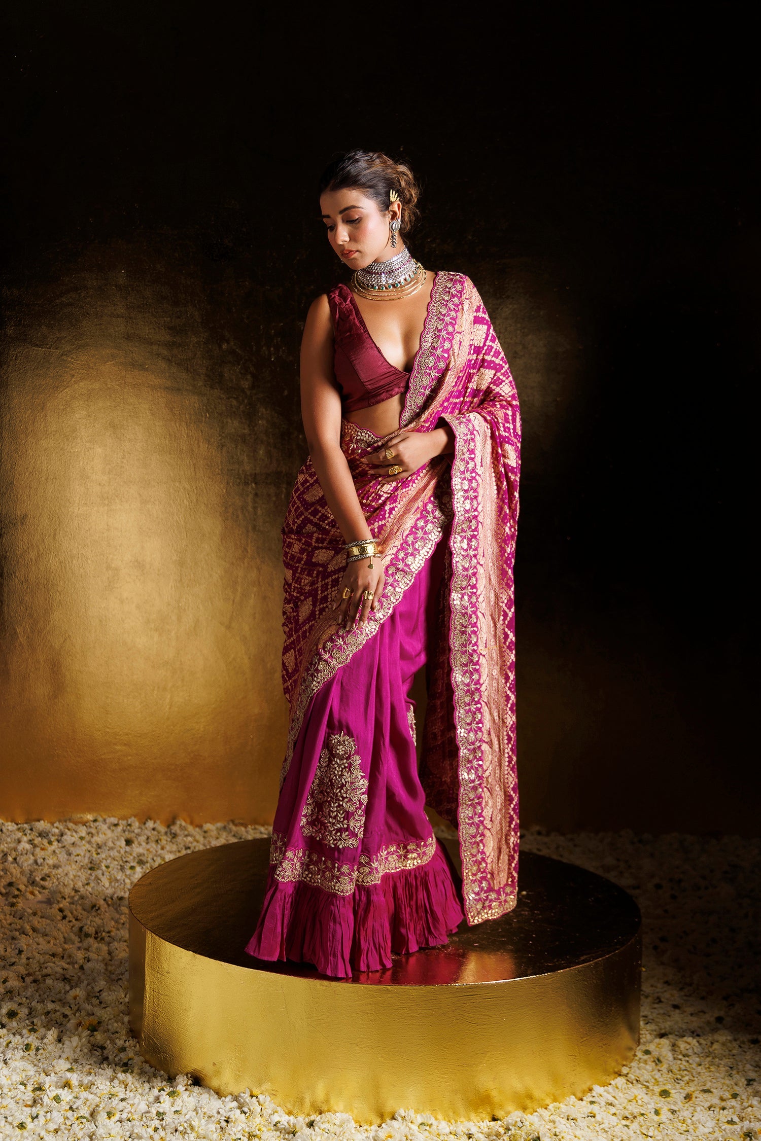Bandhej Ruffled Silk Saree with Dori, Gota Patti and Zardozi work