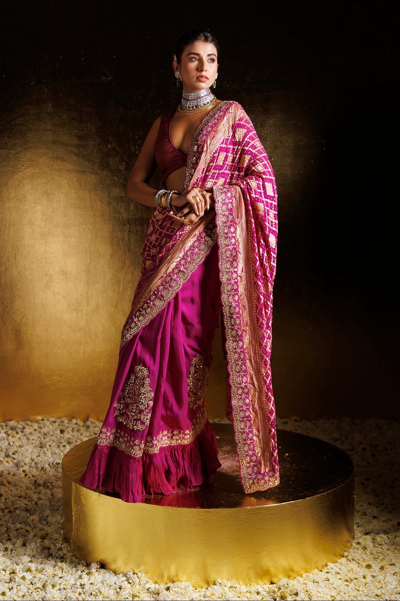 Bandhej Ruffled Silk Saree with Dori, Gota Patti and Zardozi work