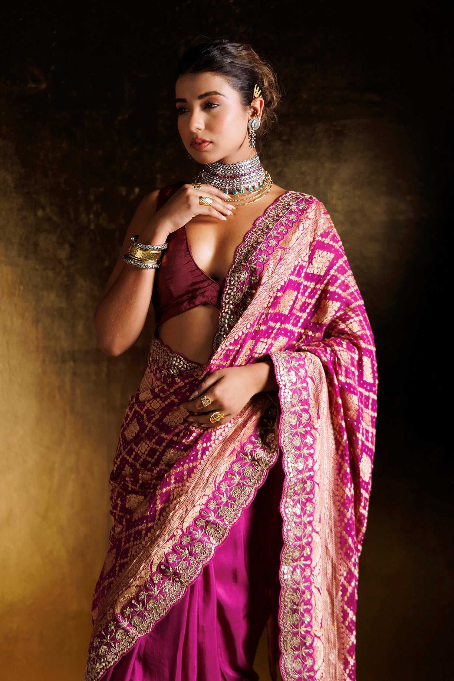 Bandhej Ruffled Silk Saree with Dori, Gota Patti and Zardozi work