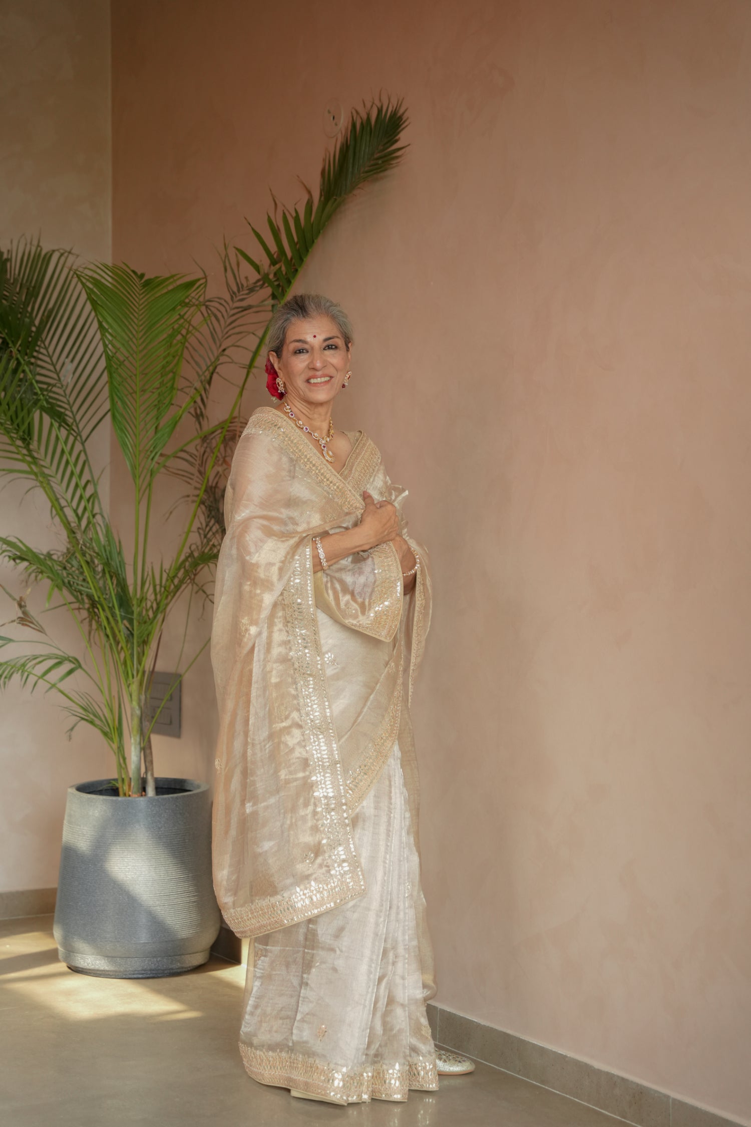 Tissue Saree Embroidered with Dori, Gota Patti and Pearl work